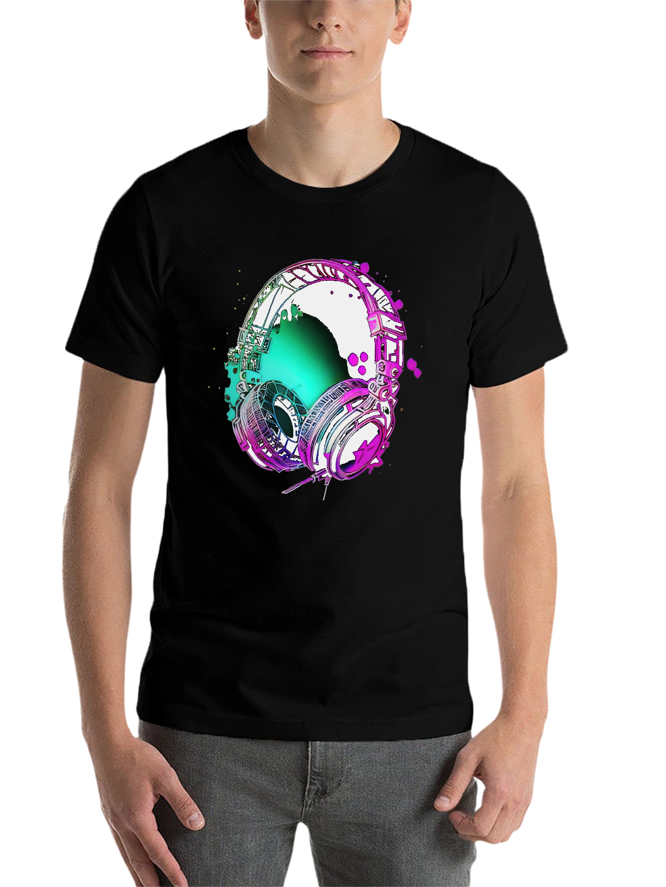 Black Vivid Headphones Graphic Tee - Music Lover's T-Shirt view 7