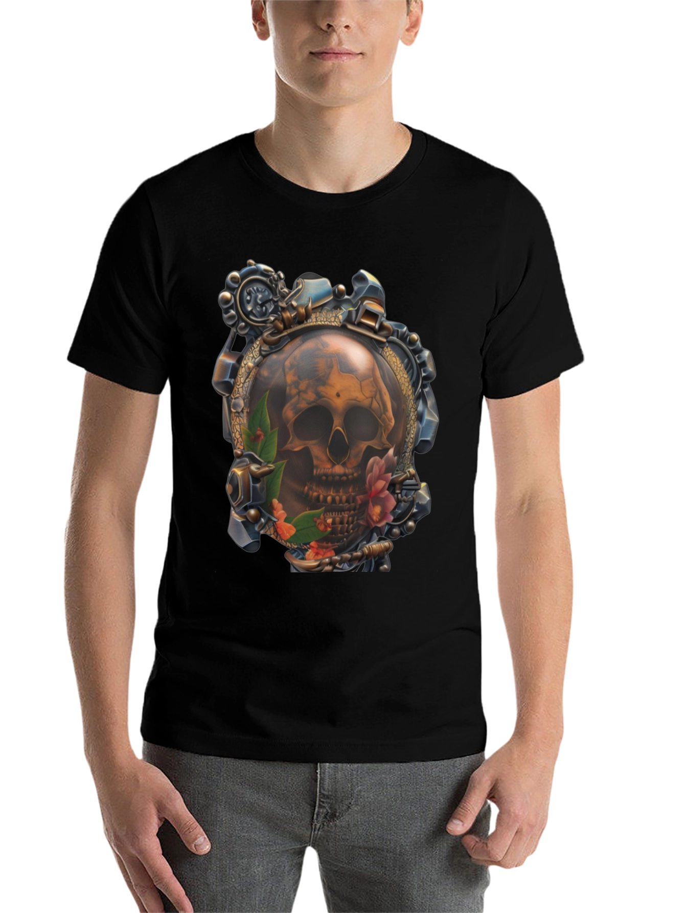 Black Steampunk Skull Graphic T-Shirt view 7