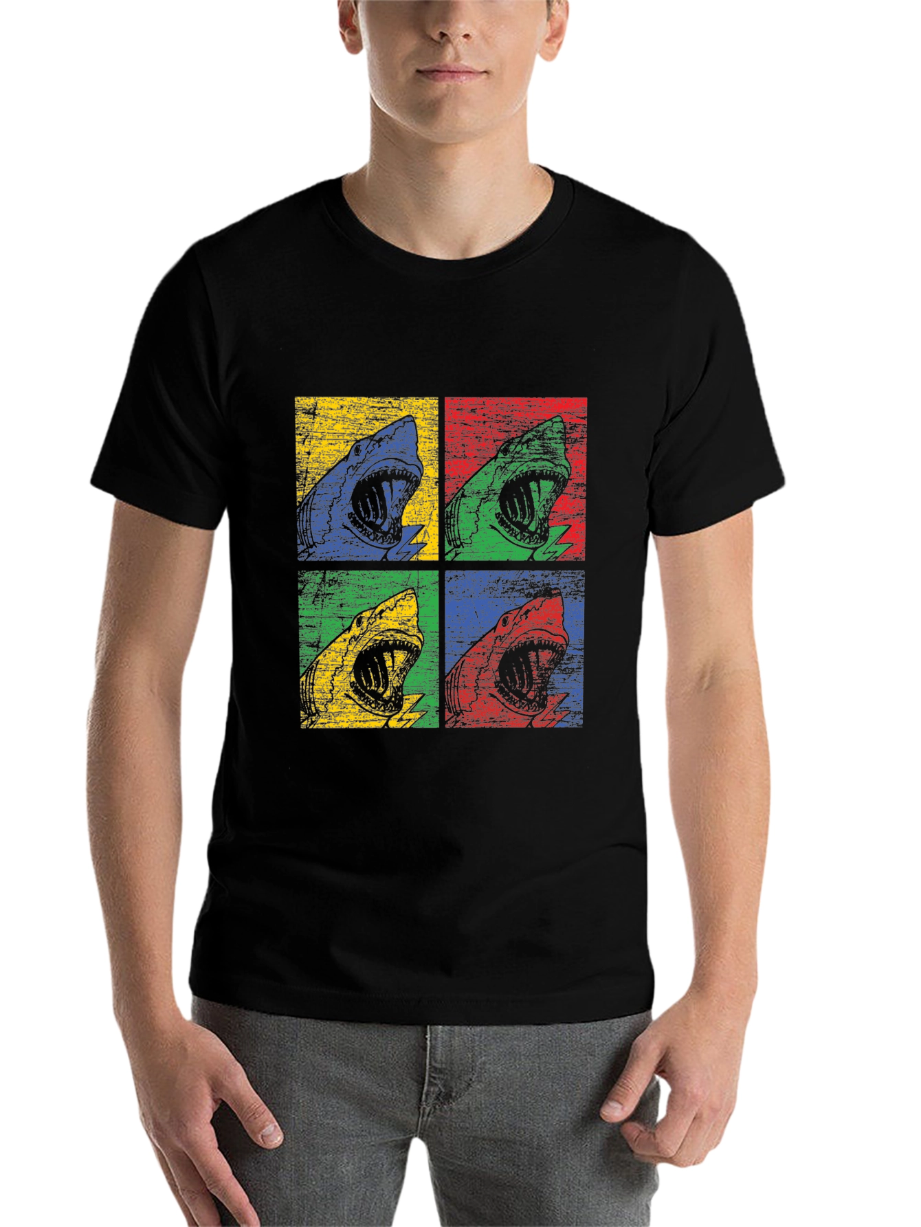 Black Shark Pop Art Graphic Print Black T-Shirt view 7