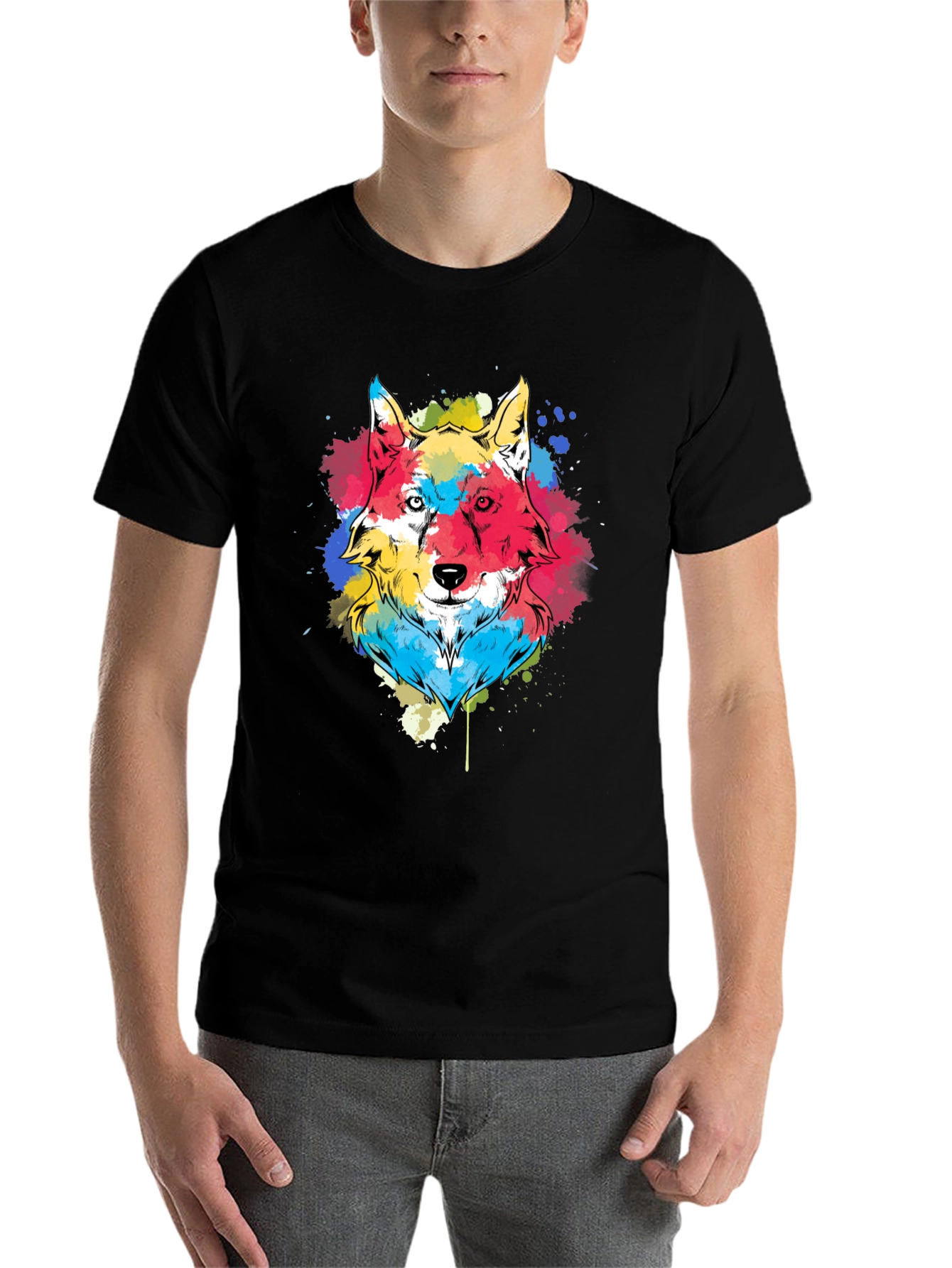 Black Colorful Wolf Graphic Tee - Black Cotton Blend view 7