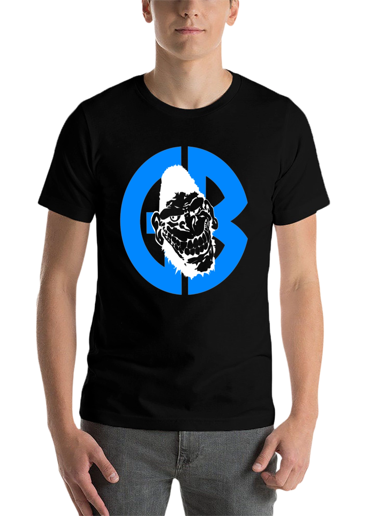 Black Graphic Tee: Grotesque Face in Blue Circle view 7