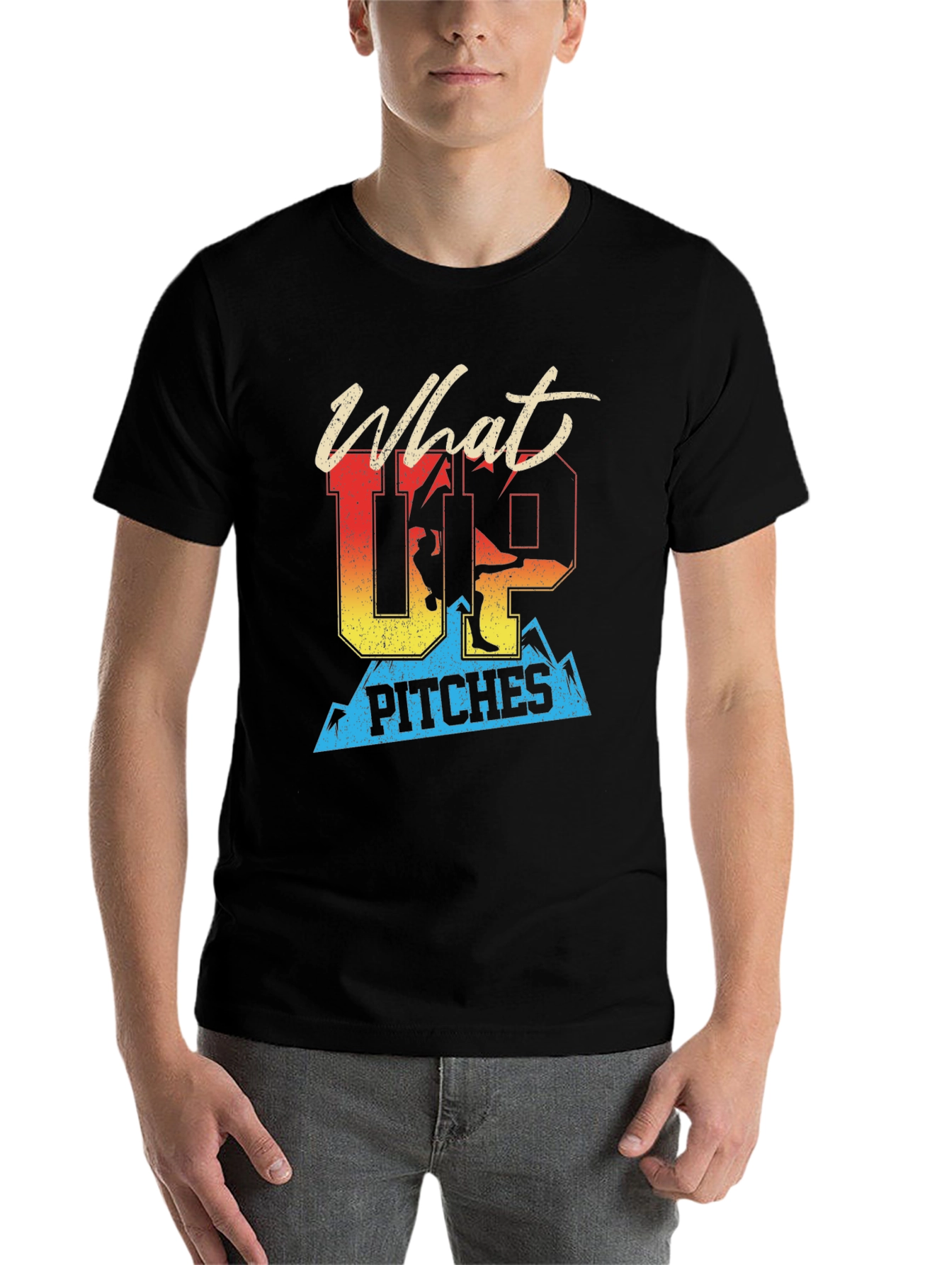 Black What Up Pitches T-Shirt | Skiing Graphic Tee view 7