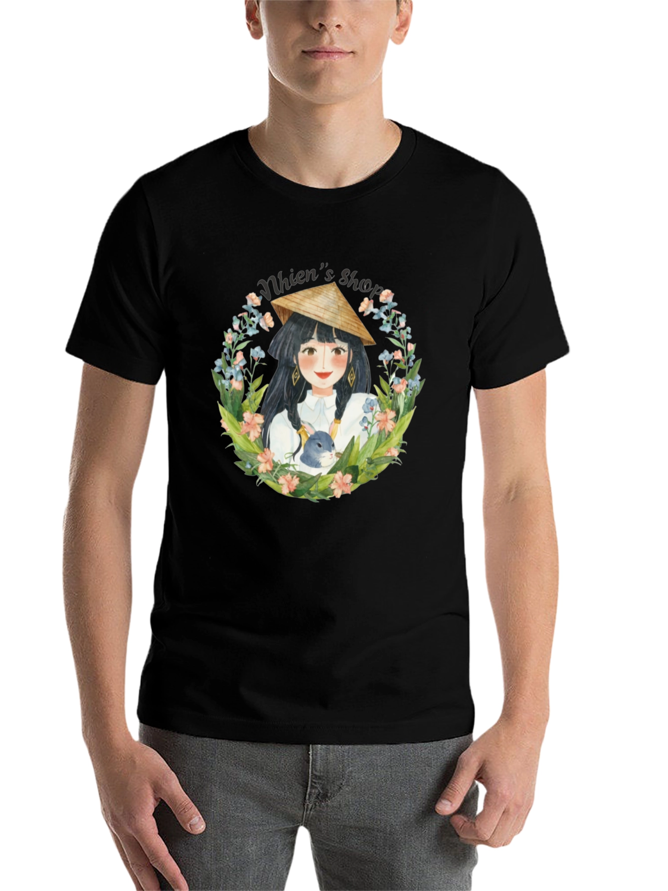 Black Whimsical Girl with Rabbit Black T-Shirt view 7