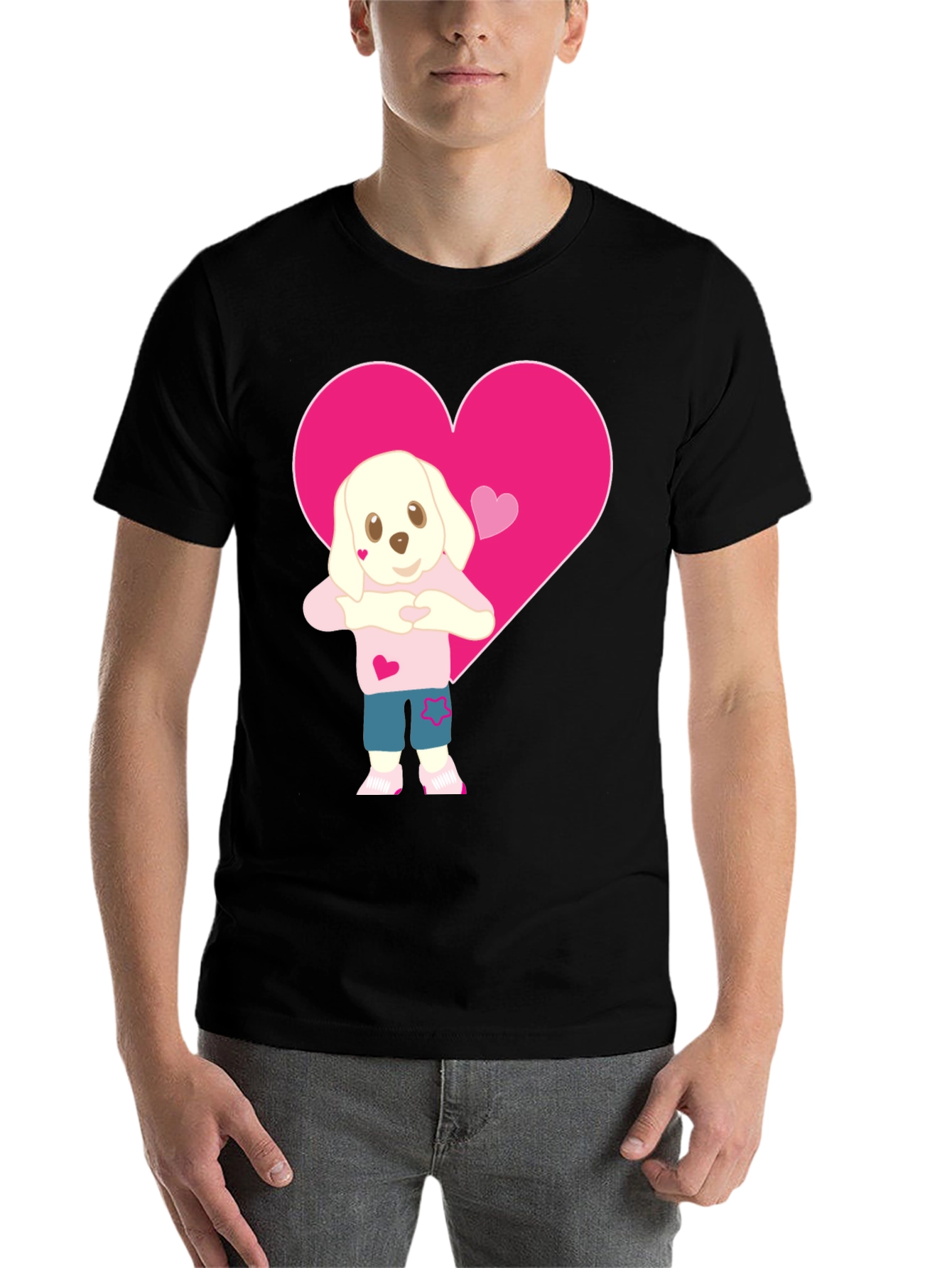 Black Cute Dog Heart Valentine's T-Shirt - Soft Cotton Blend view 7