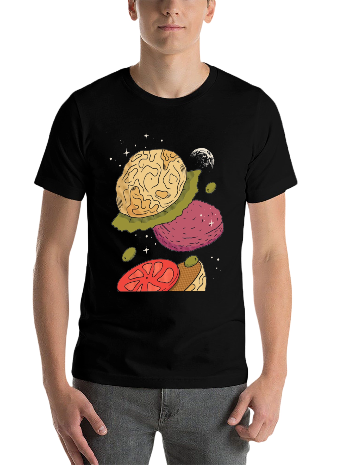 Black Cosmic Burger Graphic Tee - Unique Space Food Design view 7
