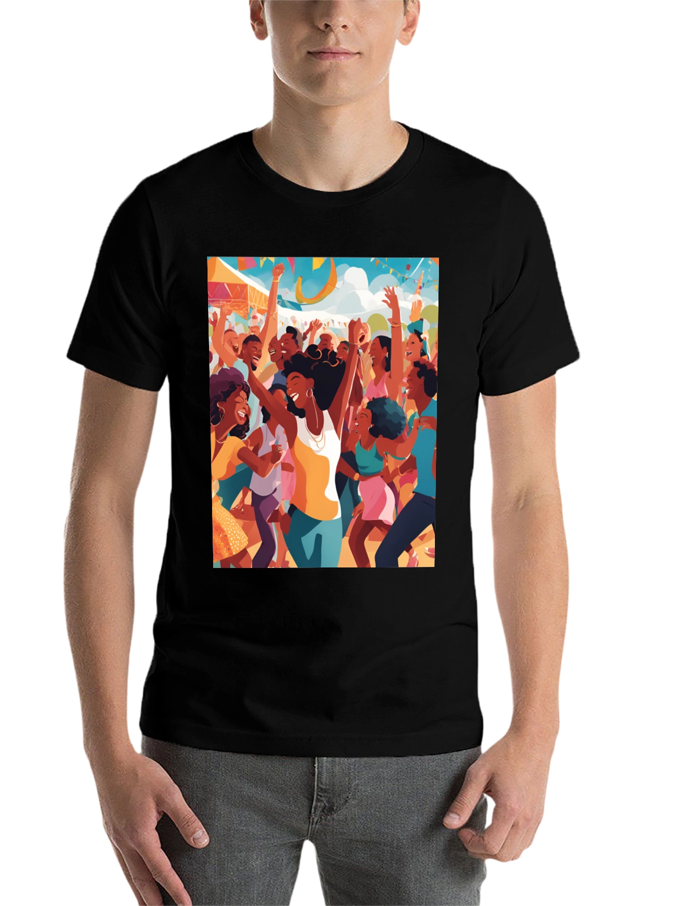 Black Festive Crowd Graphic Tee - Black Cotton Comfort view 7