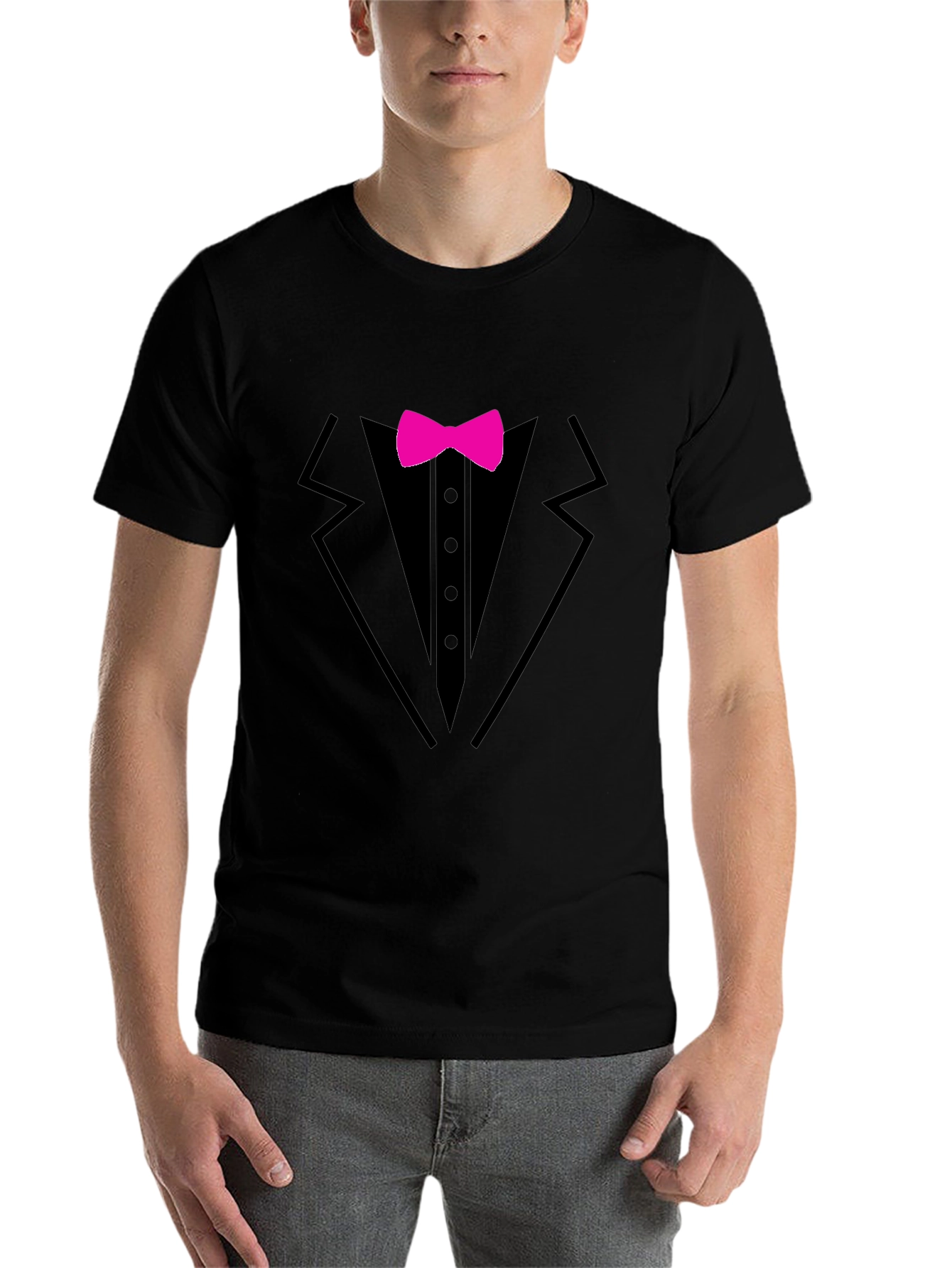 Black Tuxedo T-Shirt with Pink Bow Tie - Fun Formal Wear view 7