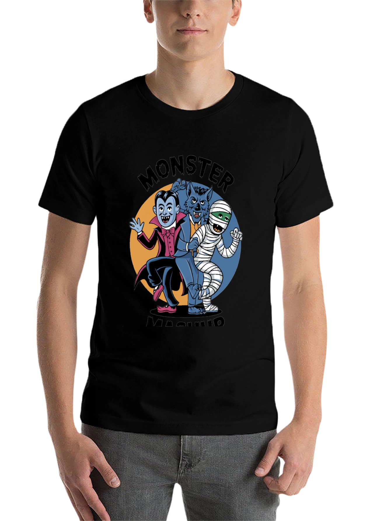 Black Monster Mash T-Shirt: Classic Horror Character Design view 7