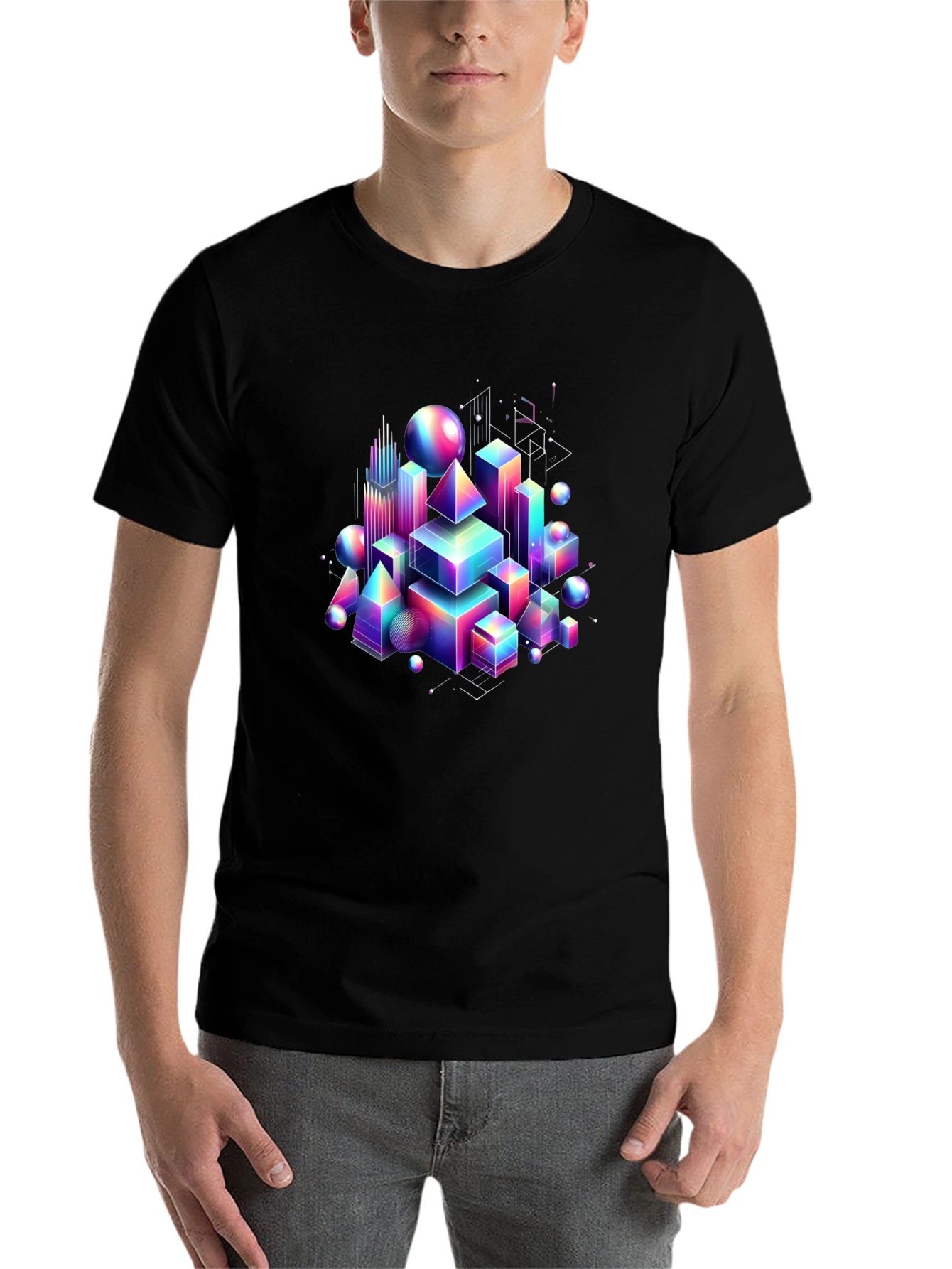 Black Geometric Rainbow T-Shirt - Modern Art Tee view 7