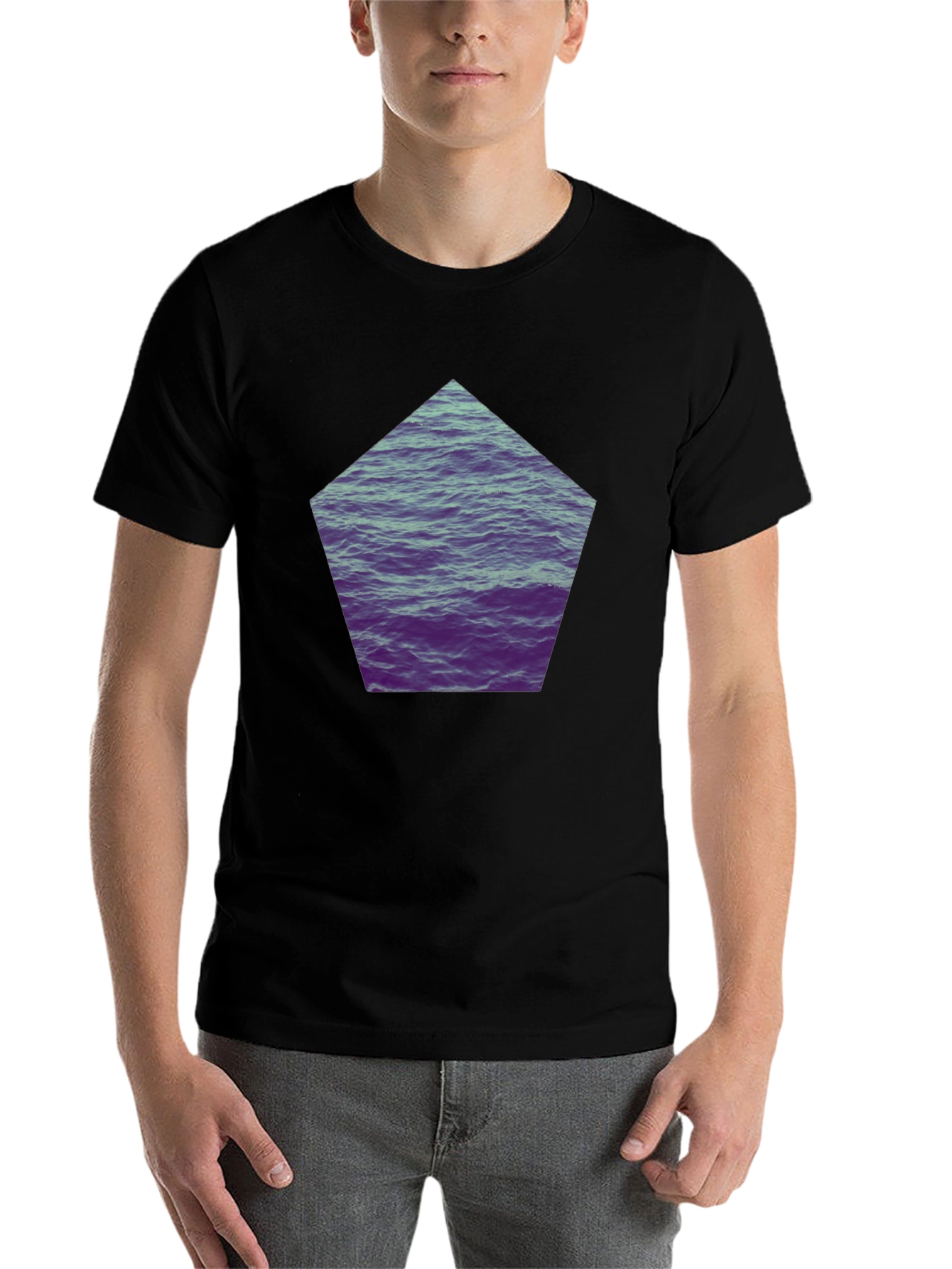 Black Black T-Shirt with Ocean Waves Graphic Print view 7