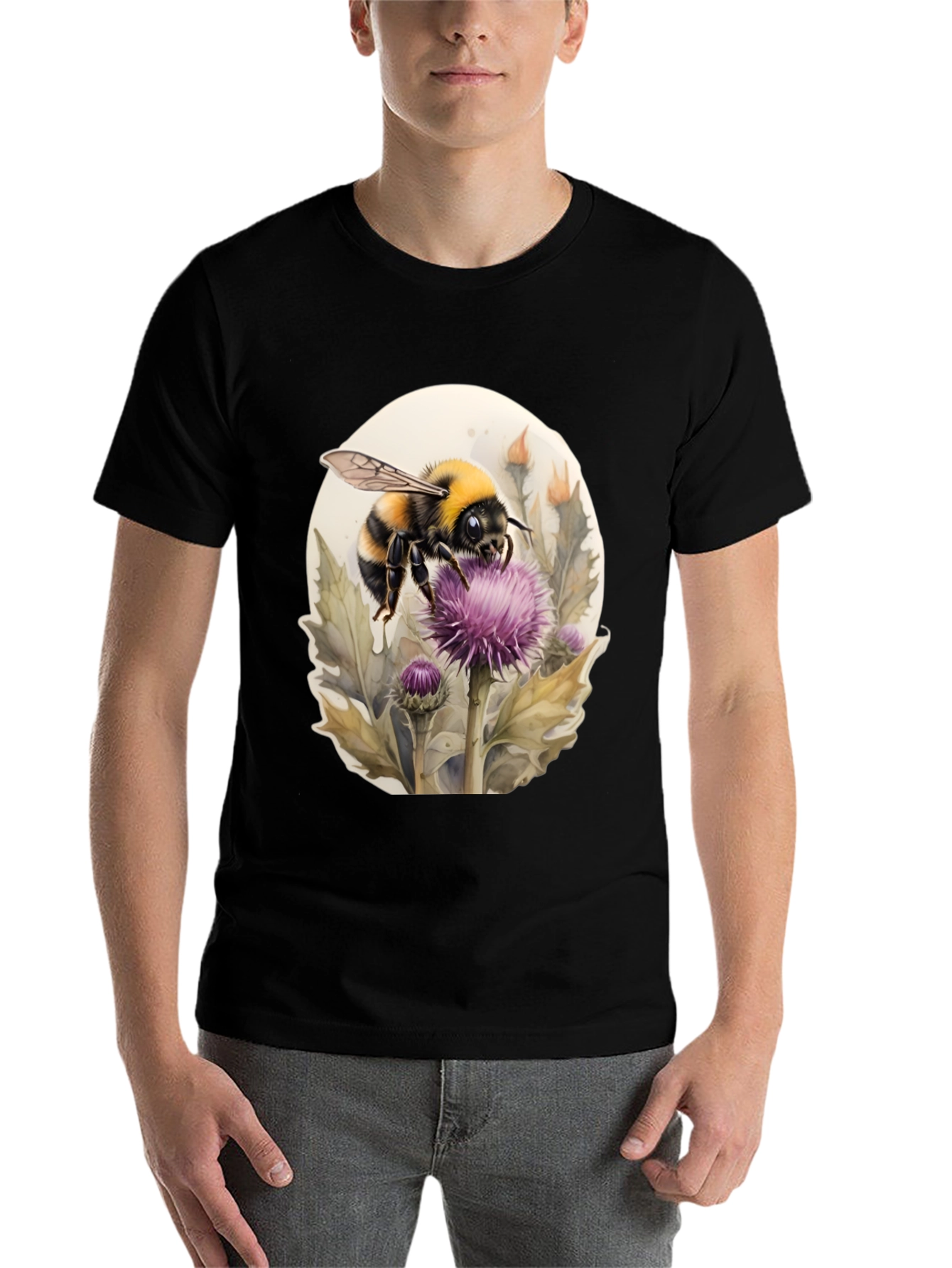 Black Bumble Bee on Thistle Black T-Shirt view 7