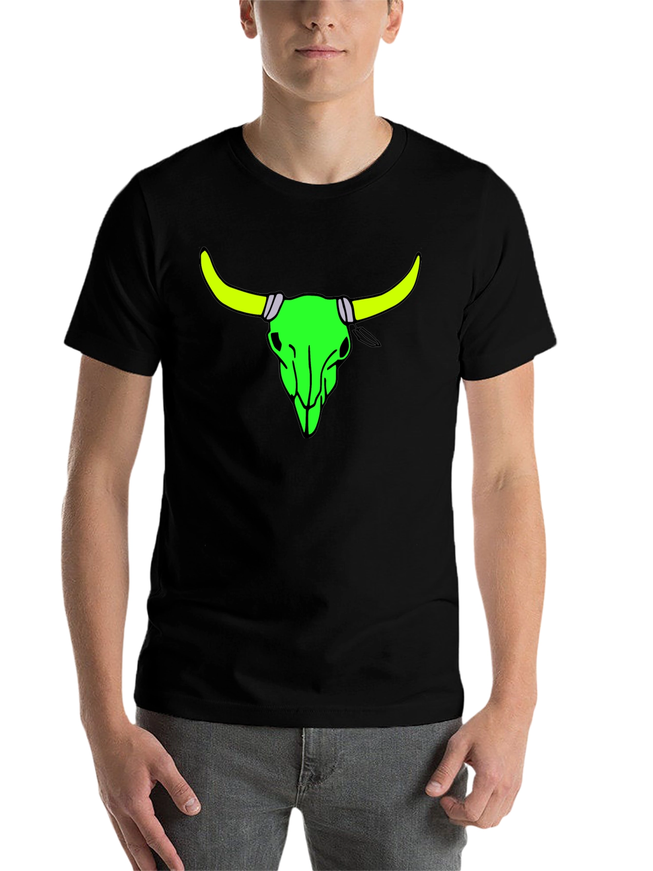 Black Neon Bull Skull Graphic Tee - Bold Black Cotton Shirt view 7