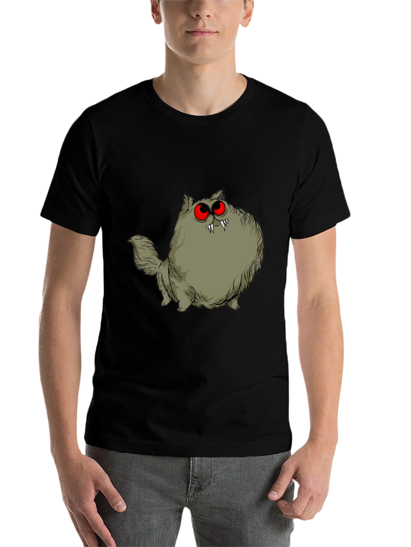 Black Creepy Cat Graphic Tee - Red Eyes, Fangs, Unique view 7