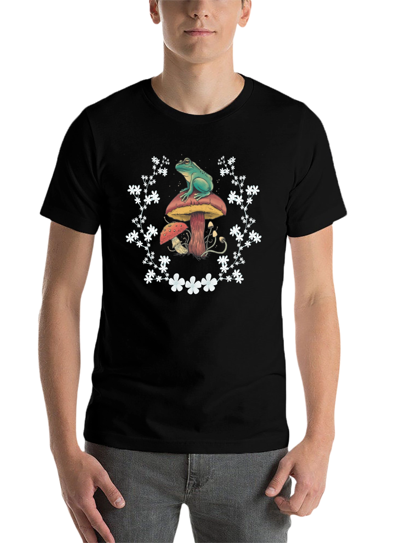 Black Frog and Mushroom T-Shirt - Unique Graphic Tee view 7
