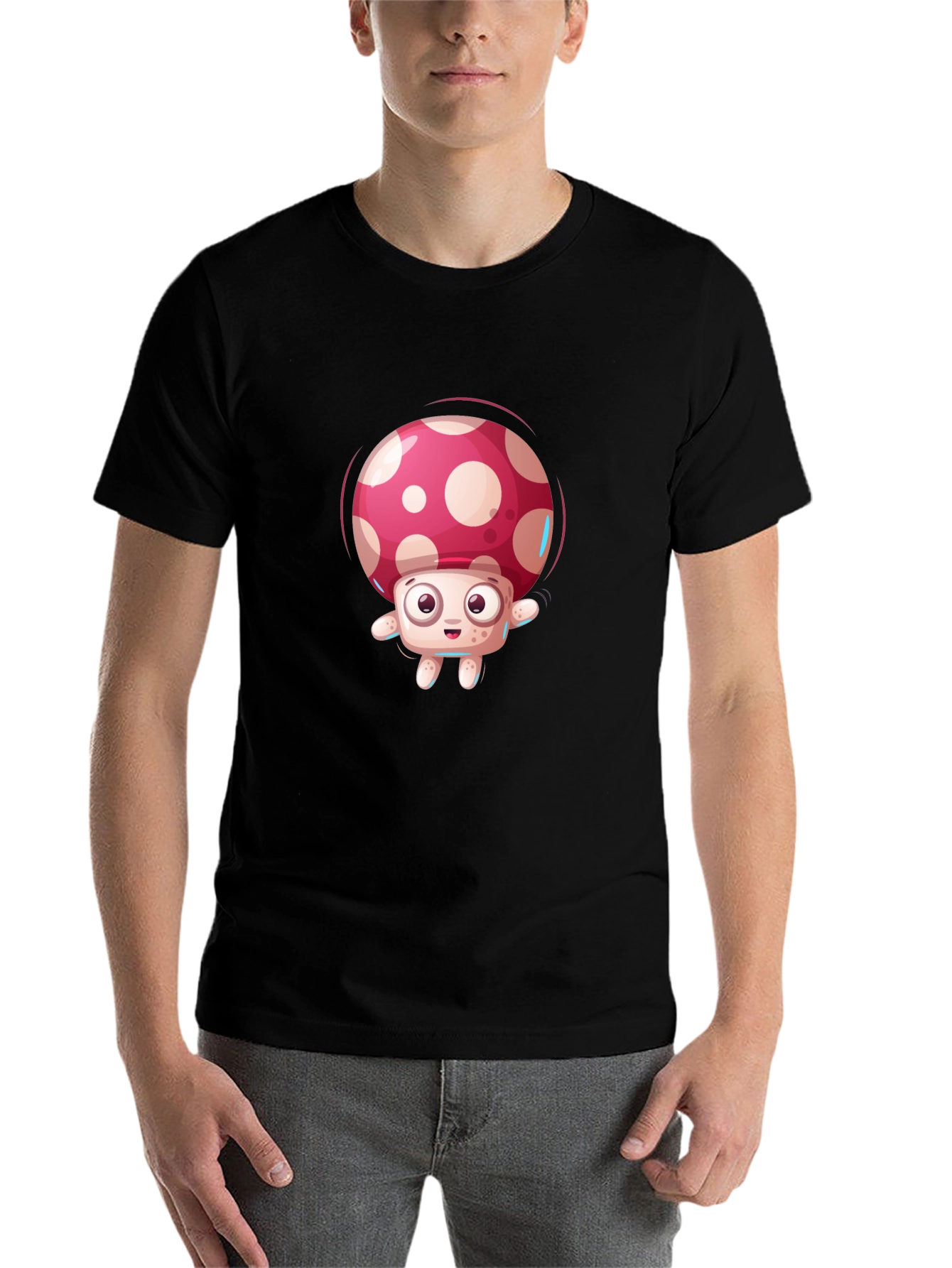 Black Cartoon Mushroom Graphic Tee - Black Casual Top view 7