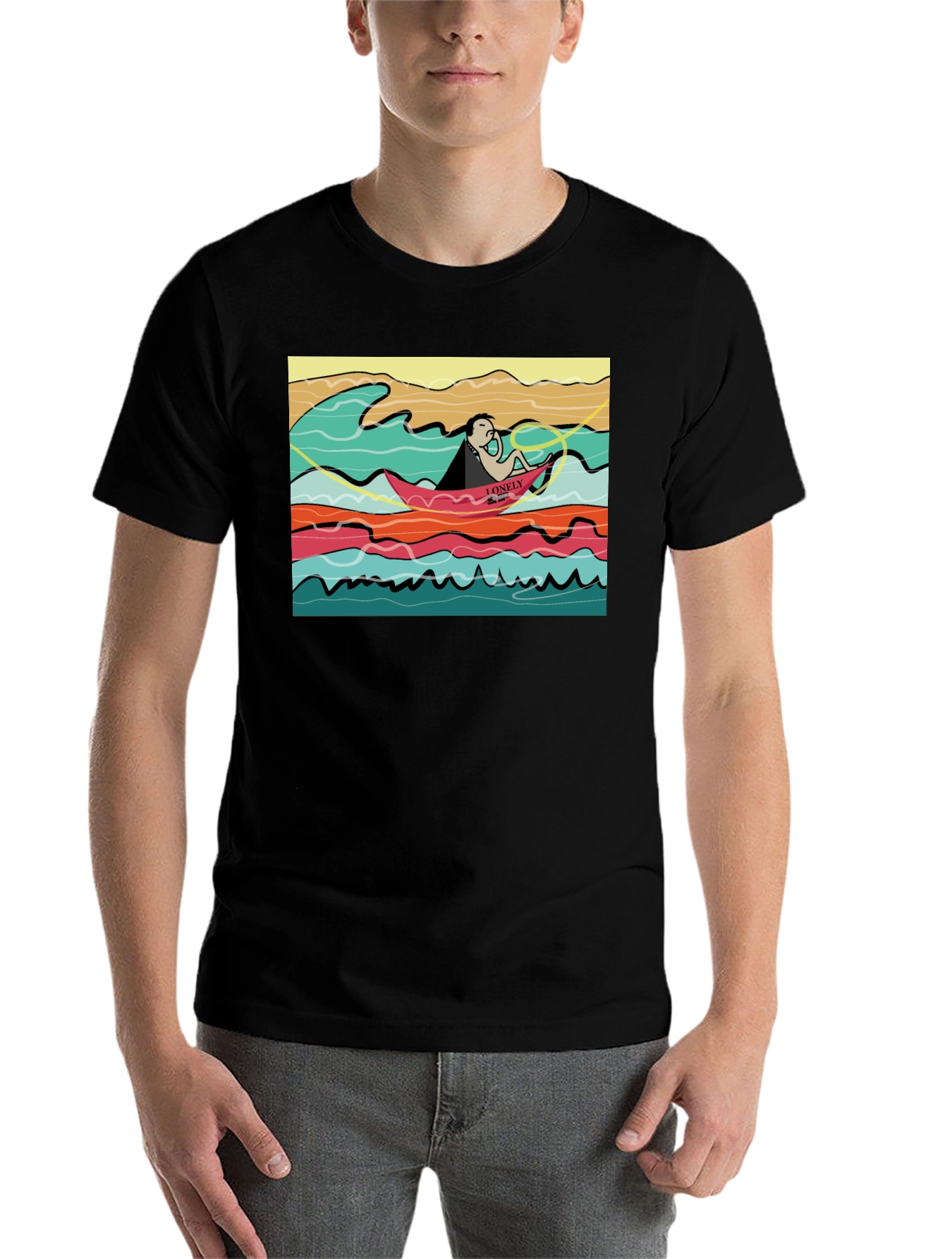 Black Lonely Boat Graphic Tee - Black Cotton T-Shirt view 7