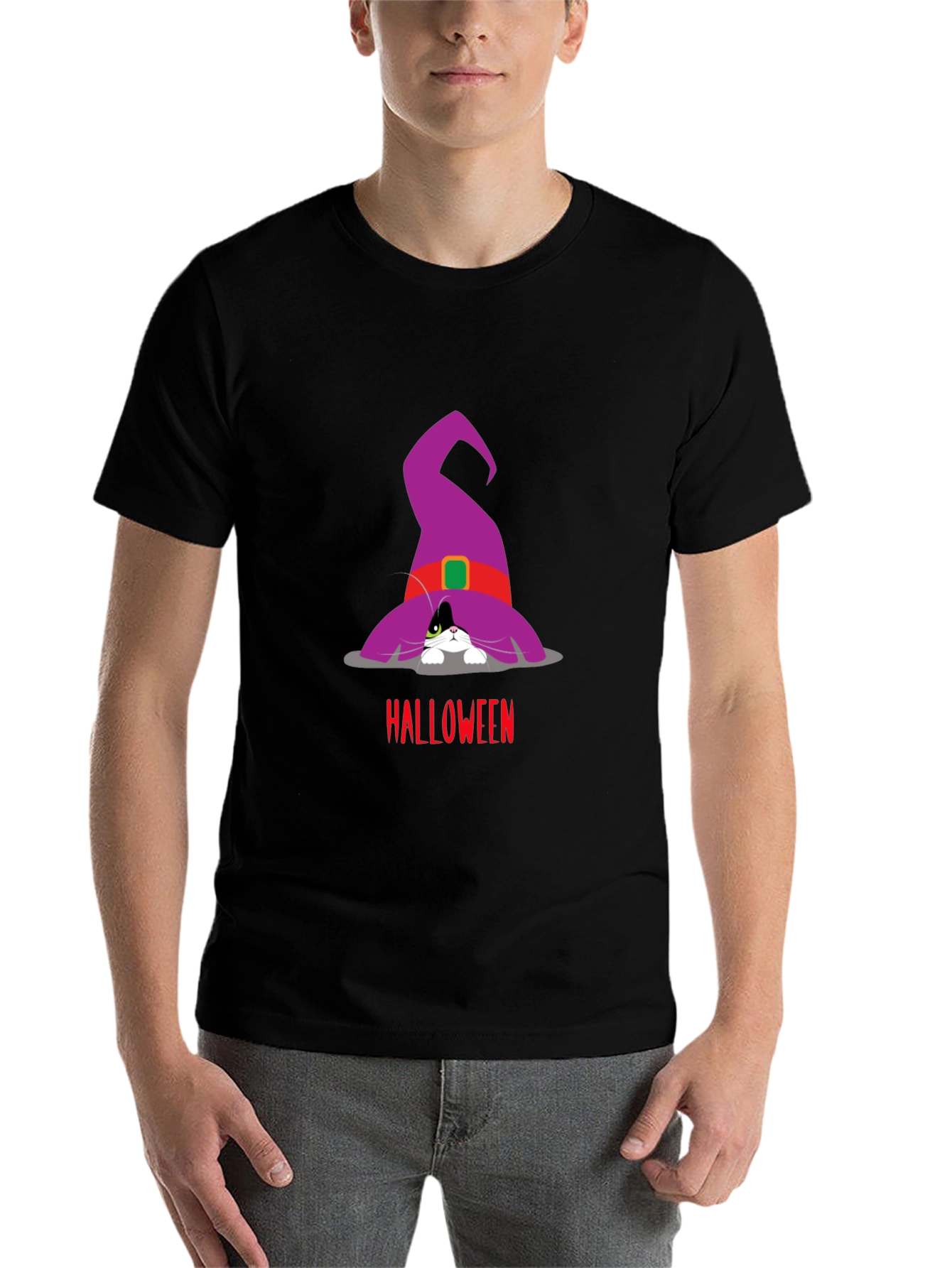 Black Halloween Cat in Witch Hat T-Shirt view 7