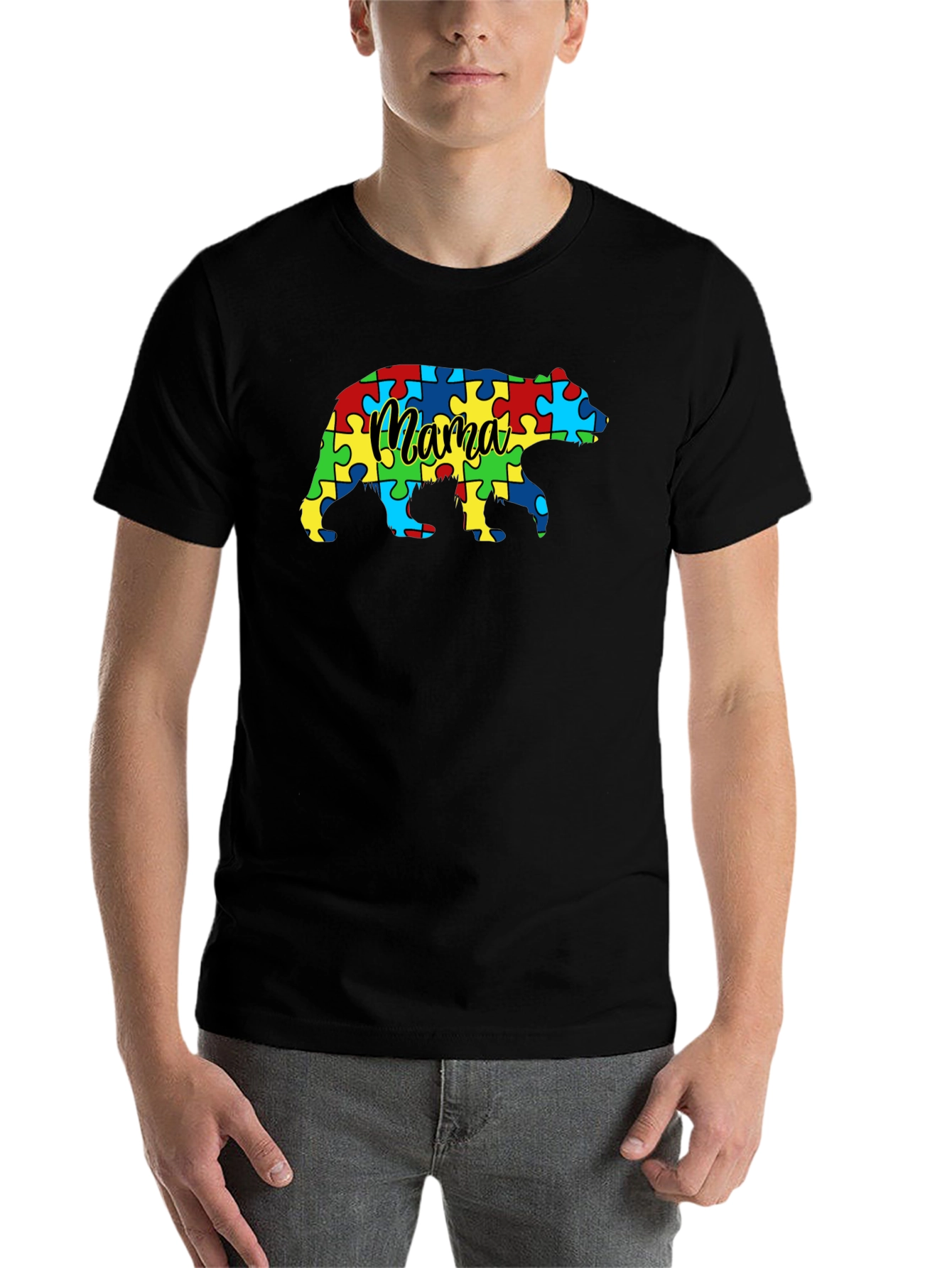 Black Mama Bear Autism Awareness Puzzle T-Shirt view 7