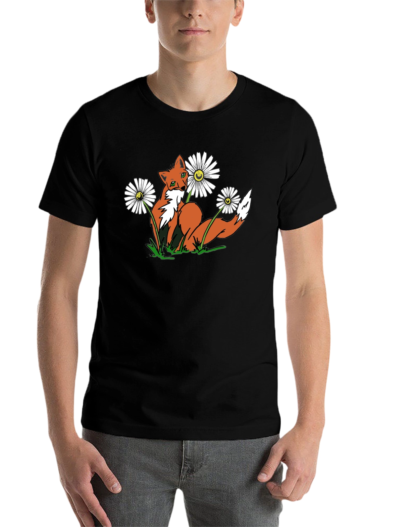 Black Fox and Flowers Graphic Tee -  Black T-Shirt view 7