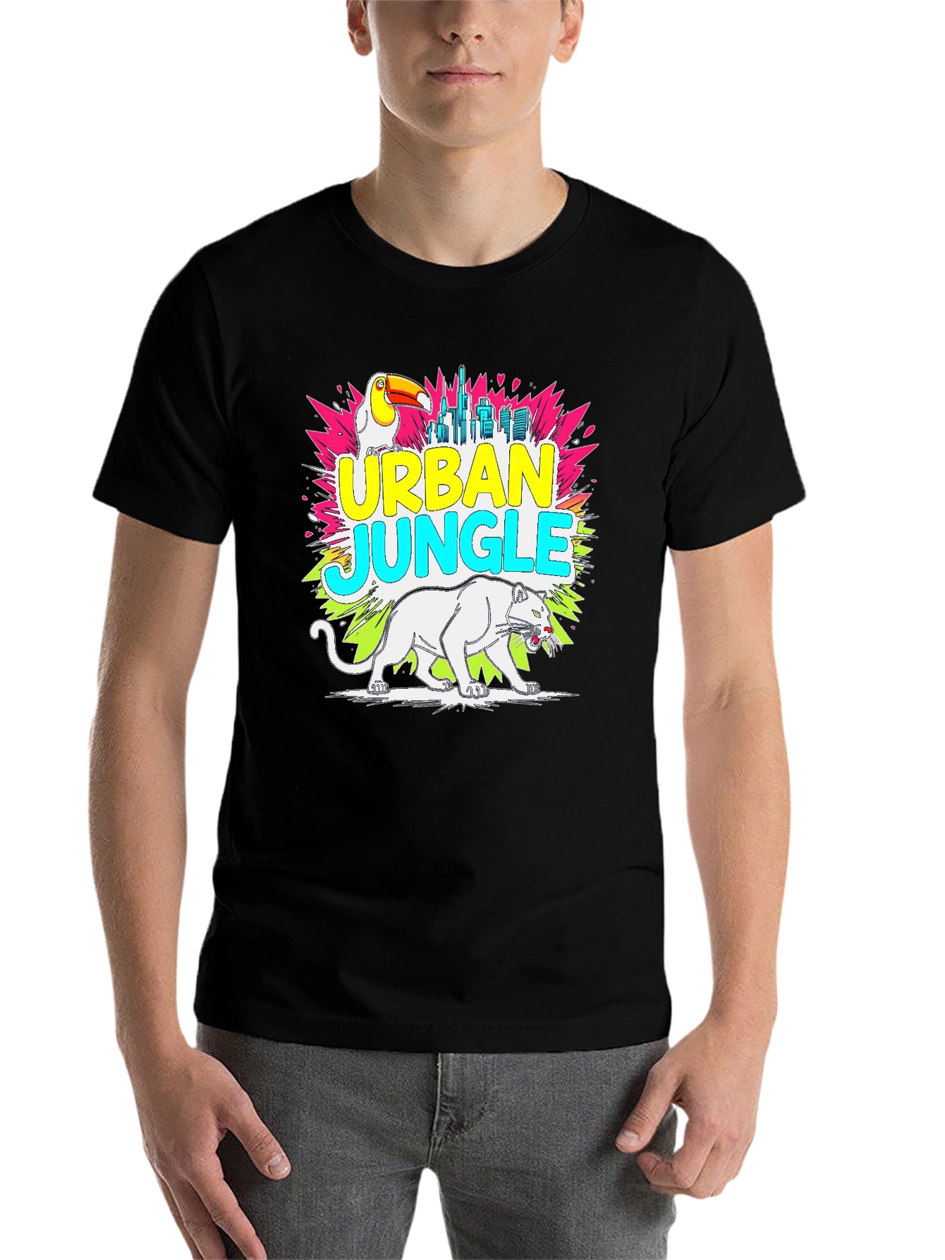 Black Urban Jungle Graphic Tee - Toucan, Panther, Cityscape view 7