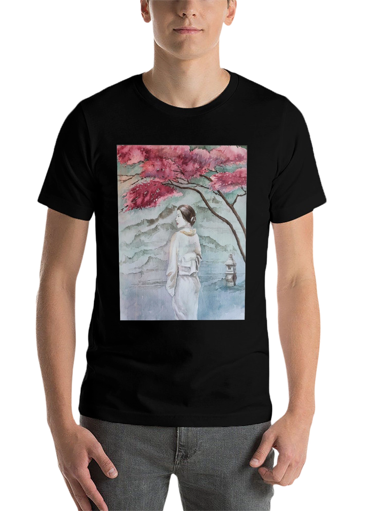 Black Watercolor Japanese Art Black T-Shirt view 7