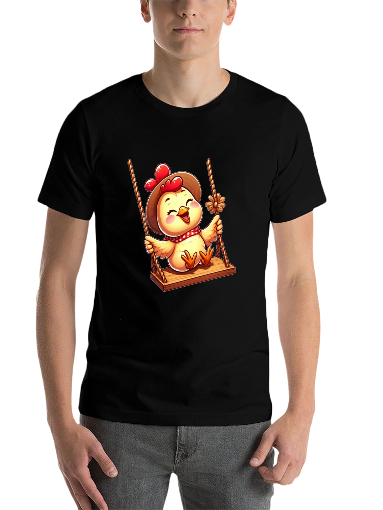 Black Cute Chicken on Swing Graphic Tee view 7