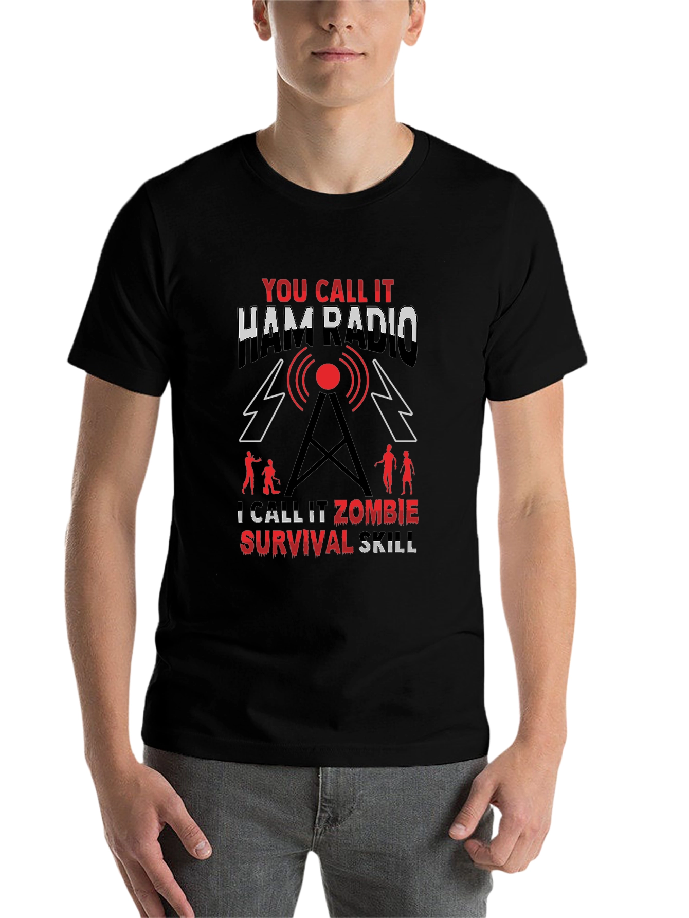 Black Ham Radio Zombie Survival Skill T-Shirt view 7