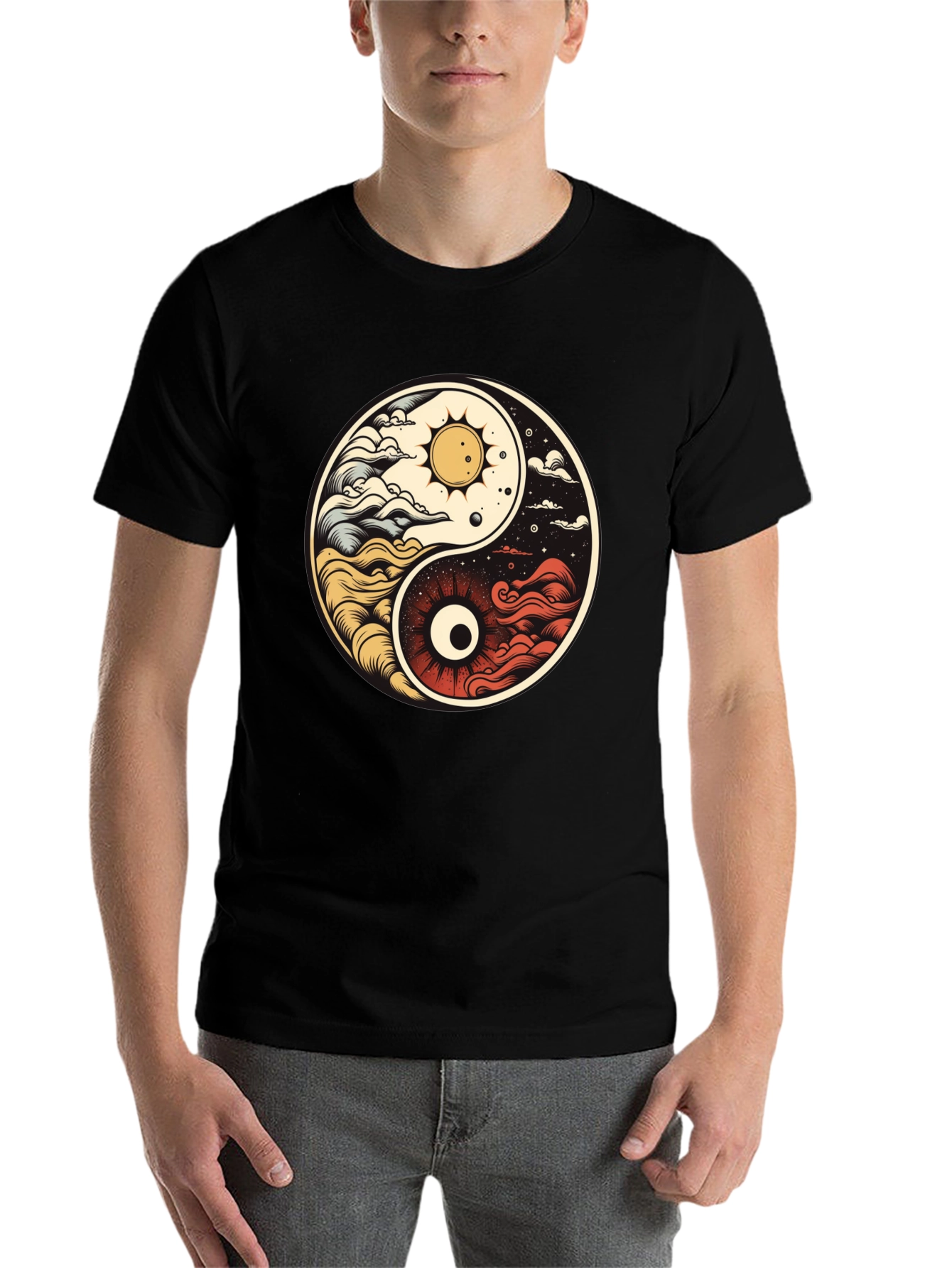 Black Yin Yang Celestial Balance T-Shirt view 7