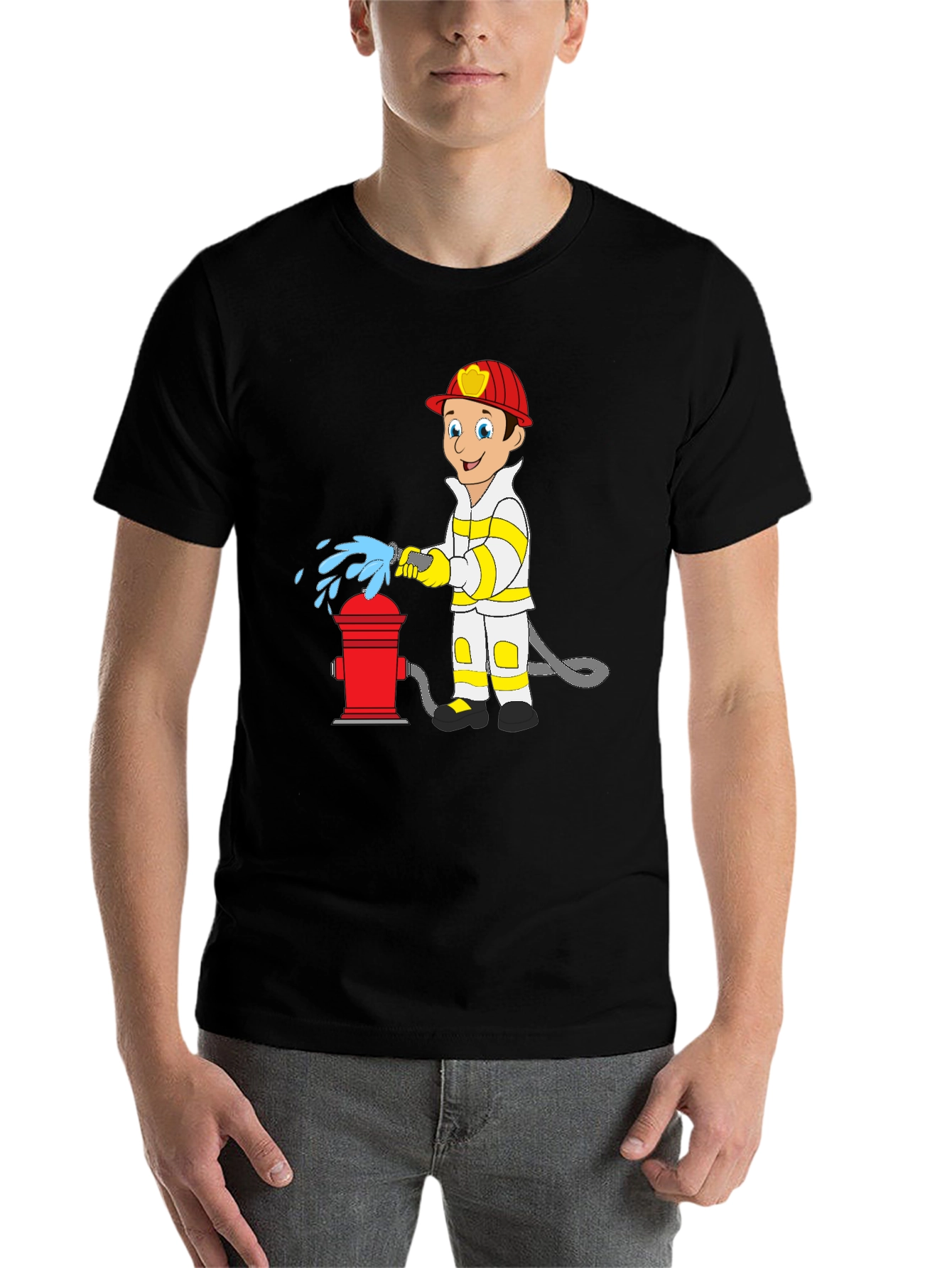 Black Cartoon Fireman T-Shirt - Fire Hydrant Fun! view 7