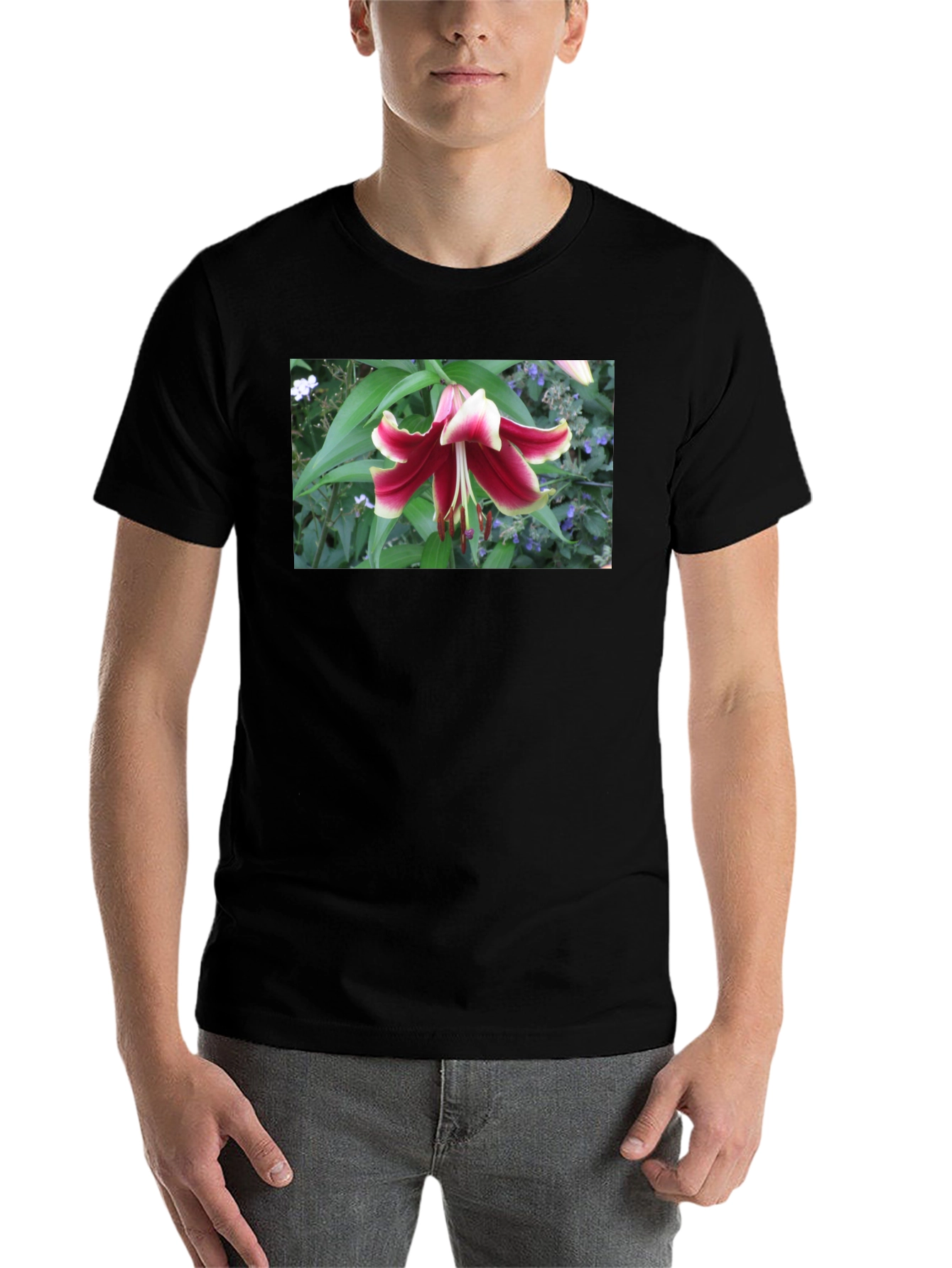 Black Floral Lily T-Shirt - Botanical Graphic Tee view 7
