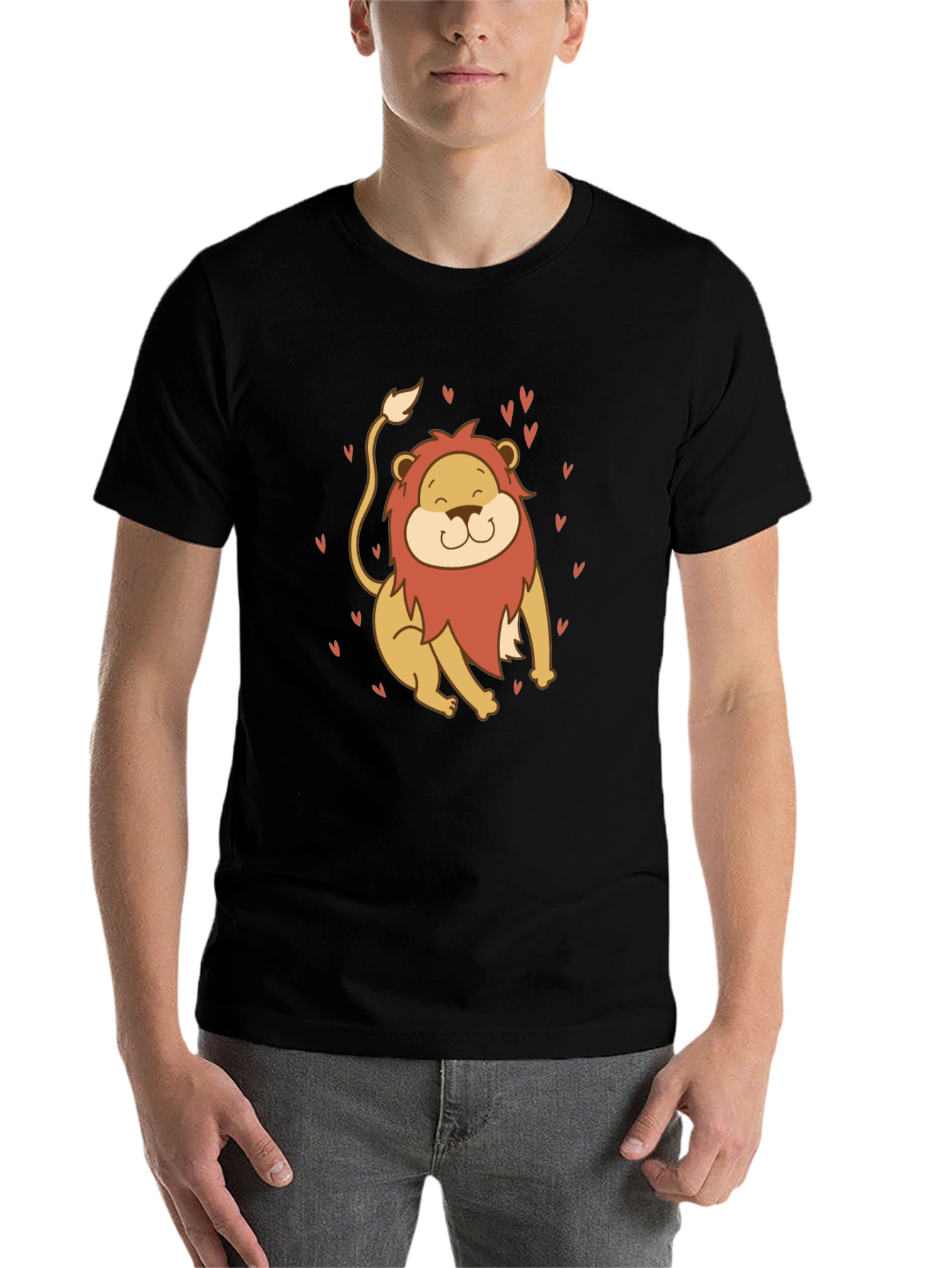Black Cute Lion Graphic Tee - Black Cotton T-Shirt view 7