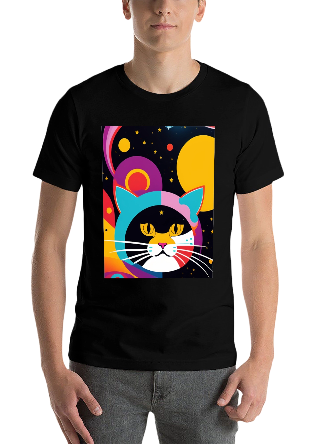 Black Psychedelic Cat T-Shirt - Colorful Retro Design view 7