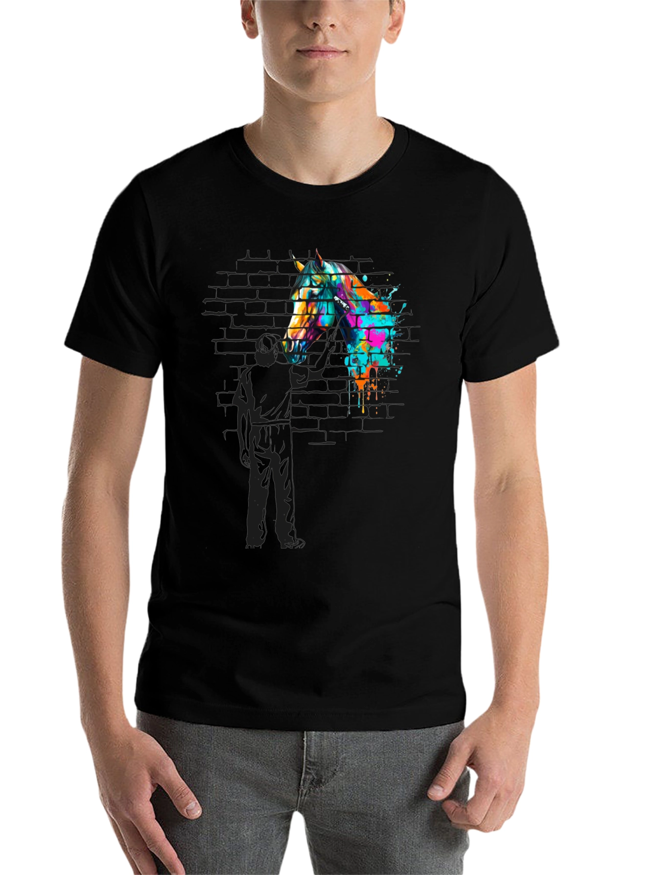 Black Abstract Horse Graphic Tee - Men's Black T-Shirt view 7