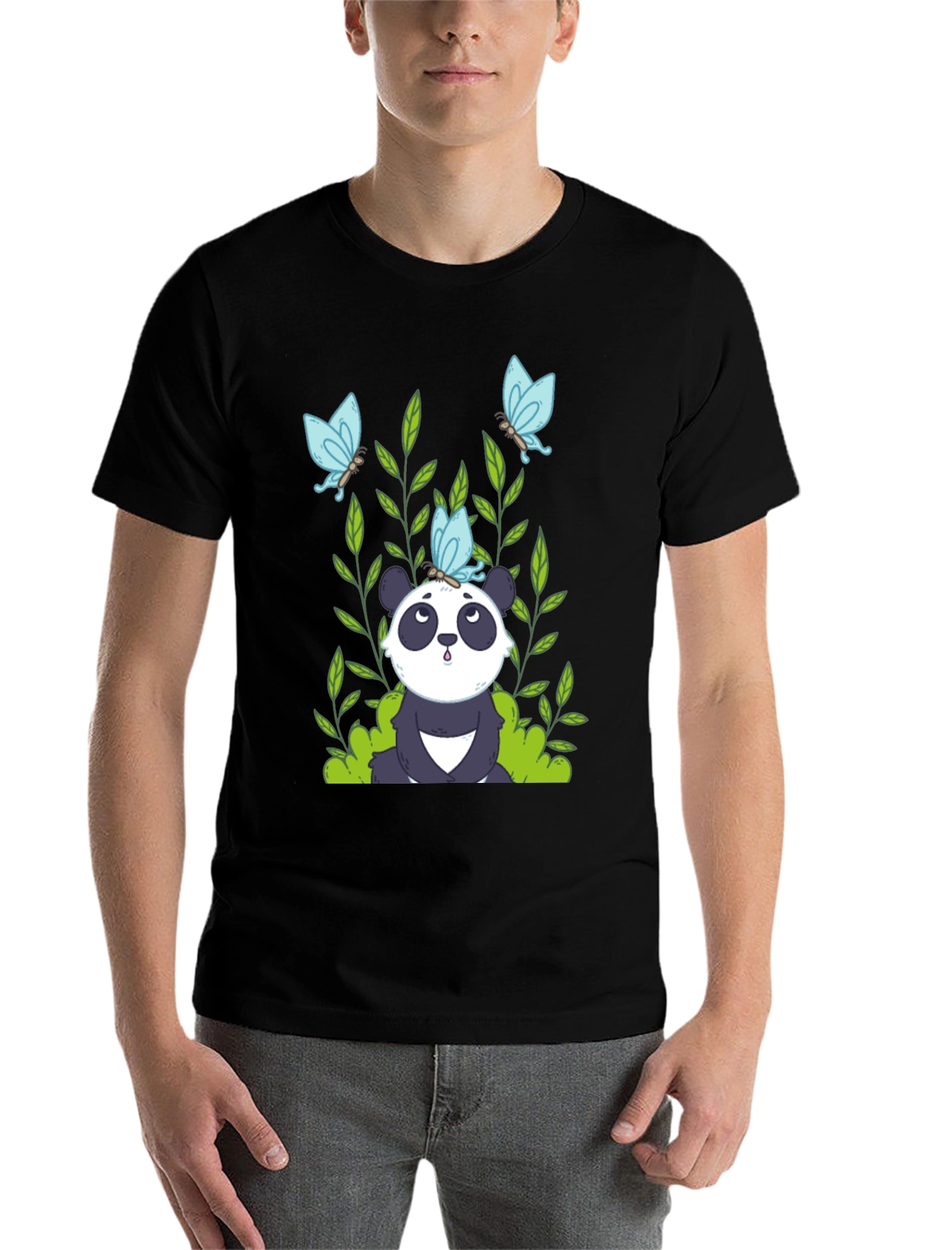Black Panda and Butterflies Black T-Shirt view 7