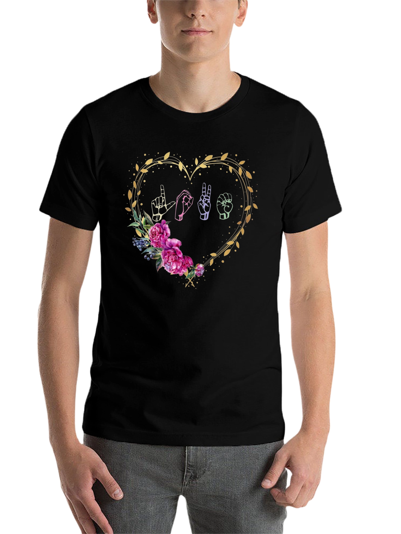Black Love Sign Language Floral Heart T-Shirt view 7