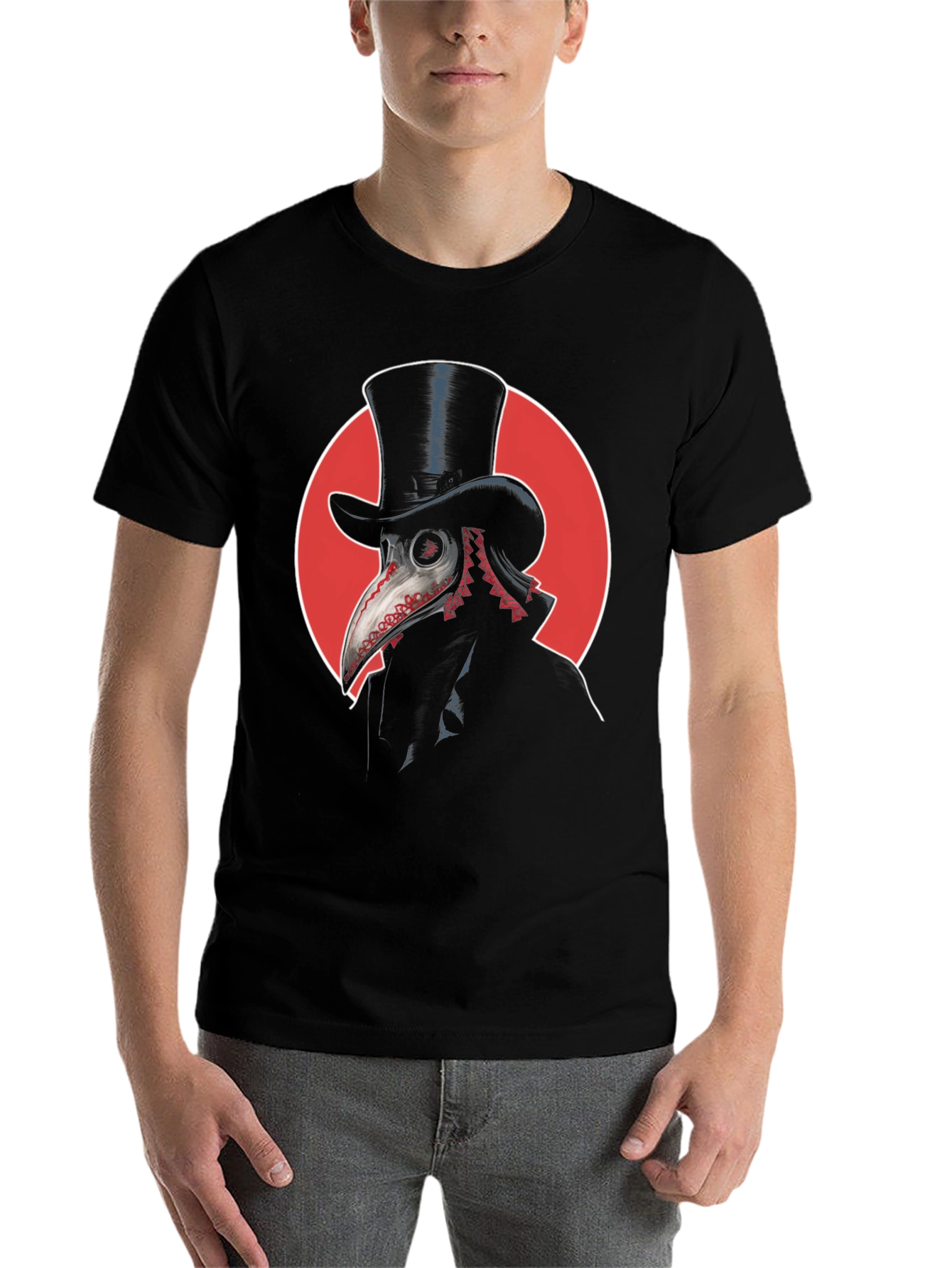 Black Plague Doctor Graphic Tee - Top Hat & Red Circle Design view 7