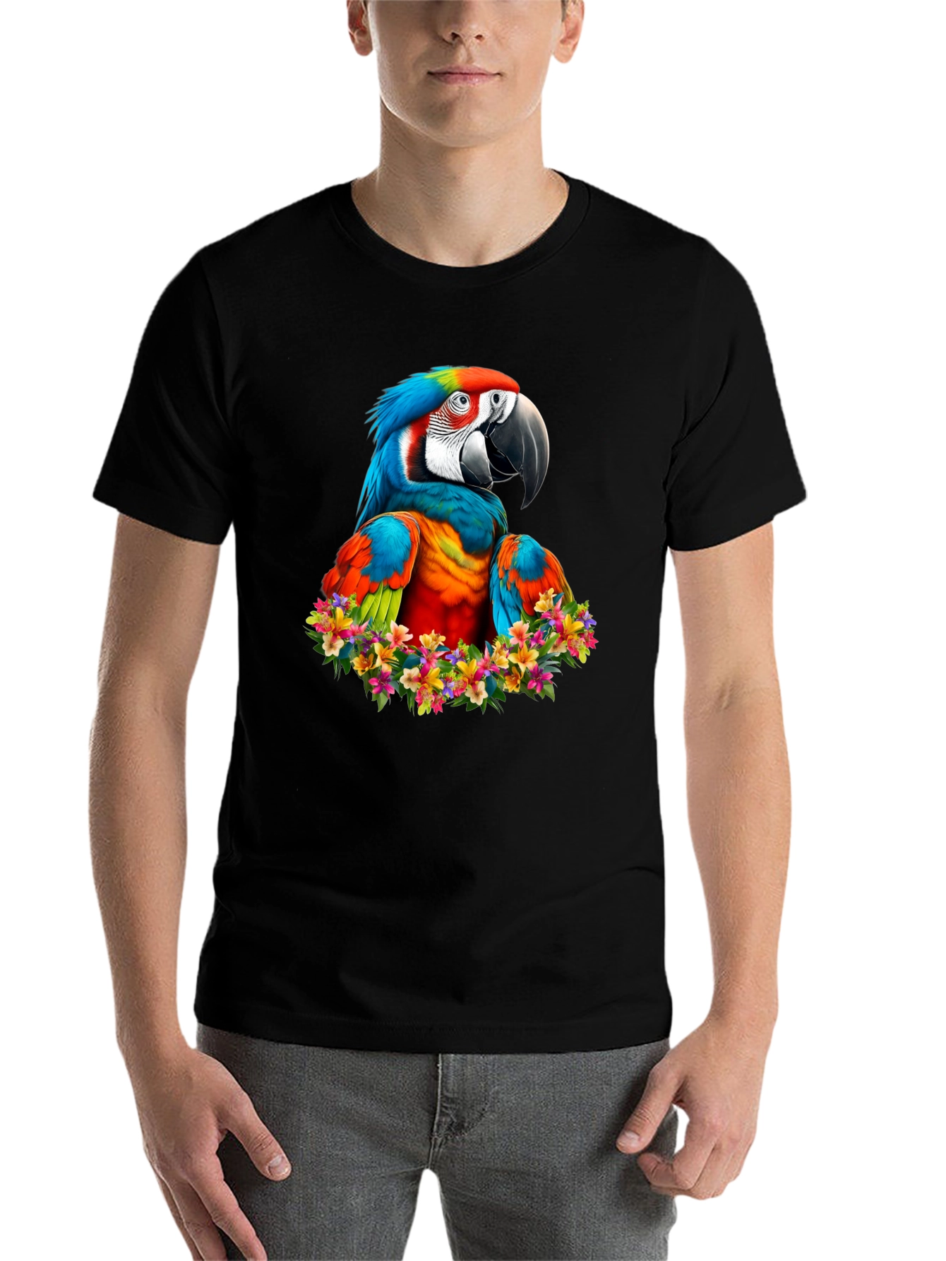 Black Macaw Parrot Floral Wreath Graphic T-Shirt view 7