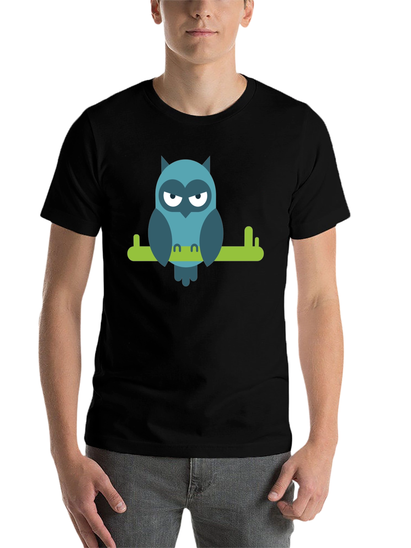 Black Cool Owl on Branch Graphic Tee - Black view 7