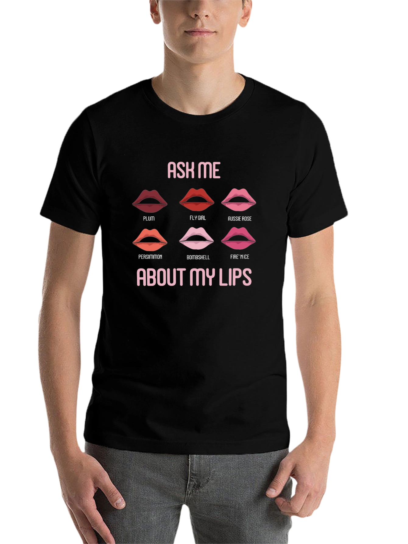 Black Ask Me About My Lips Graphic Tee - Fun Lip Shade Names T-Shirt view 7