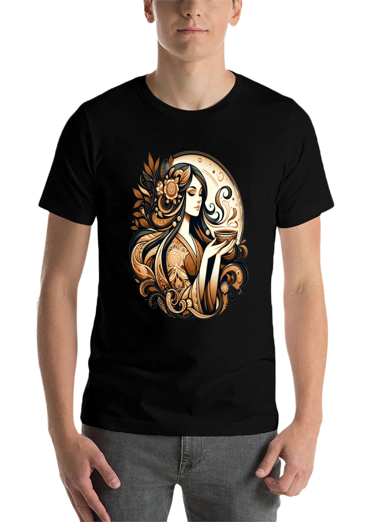 Black Elegant Woman Tea Art Graphic Tee view 7