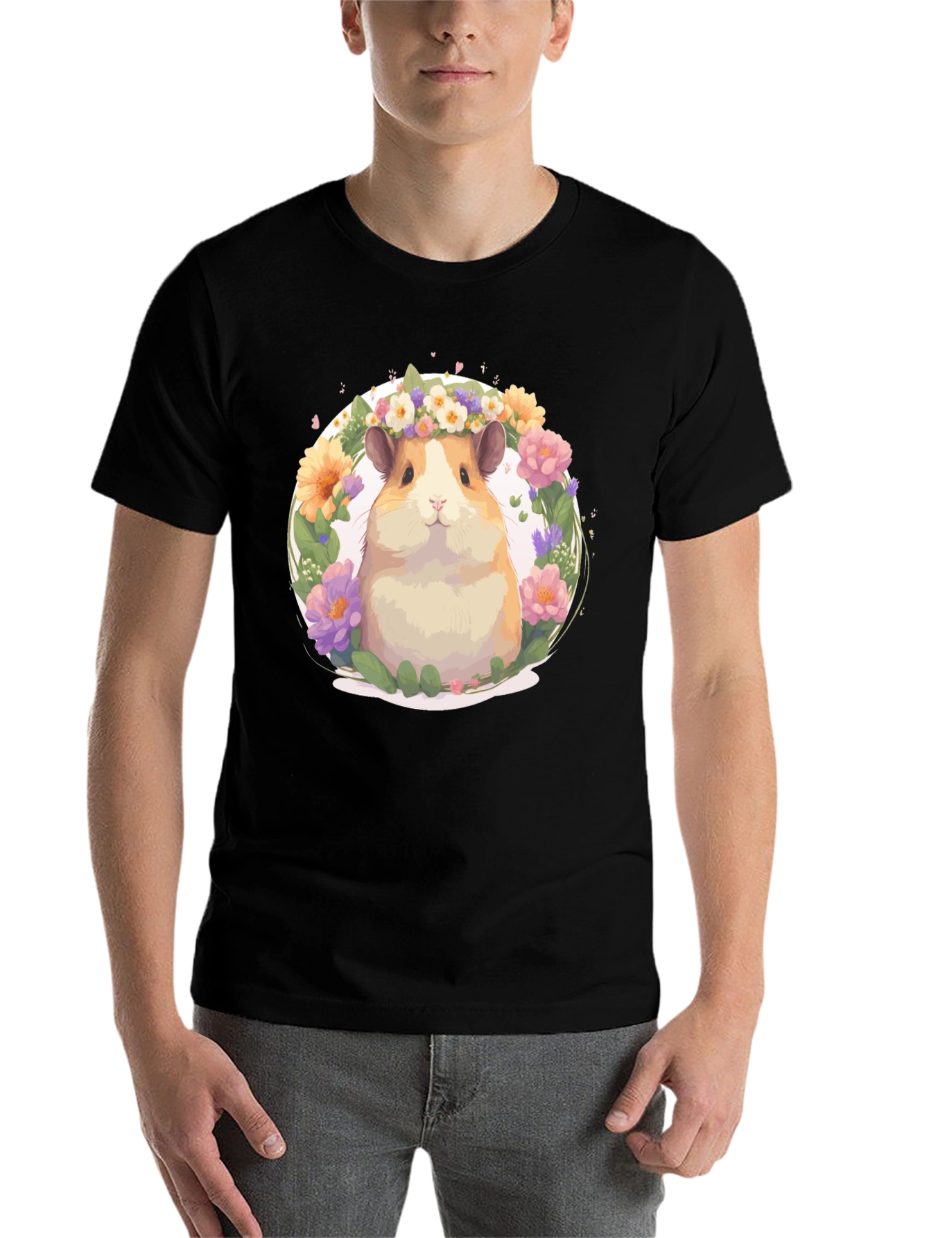 Black Cute Hamster Floral Wreath T-Shirt - Unisex view 7
