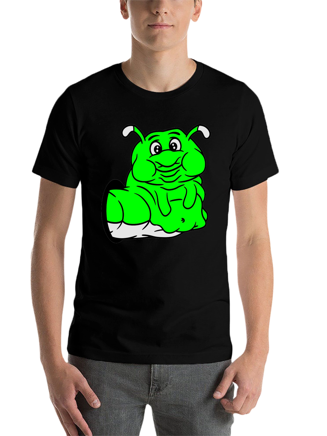 Black Green Cartoon Character Black T-Shirt view 7