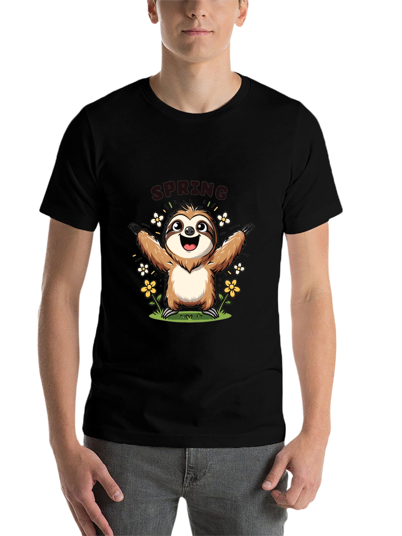 Black Cute Sloth Spring T-Shirt view 7