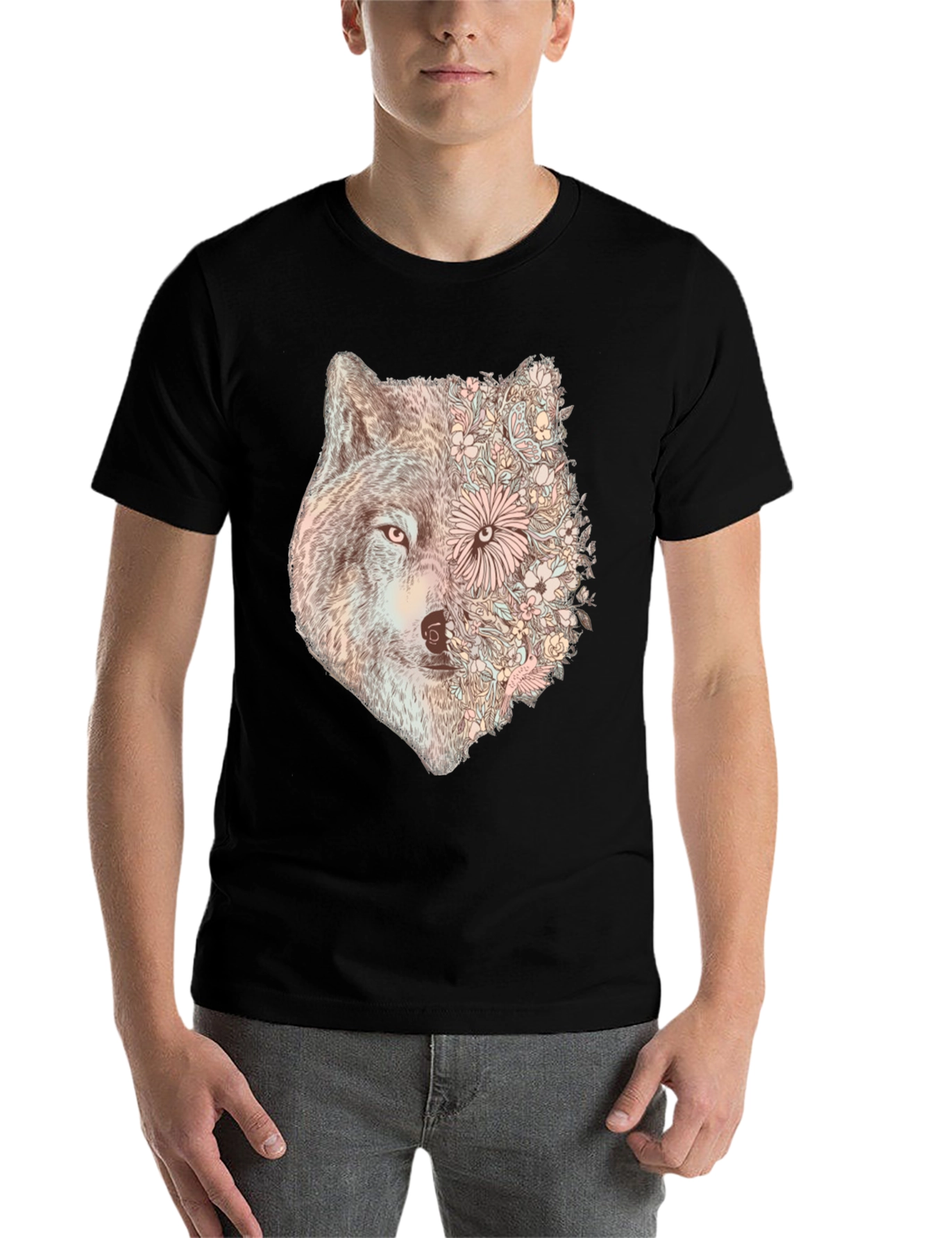 Black Floral Wolf Graphic Tee - Stylish Men's Black T-Shirt view 7