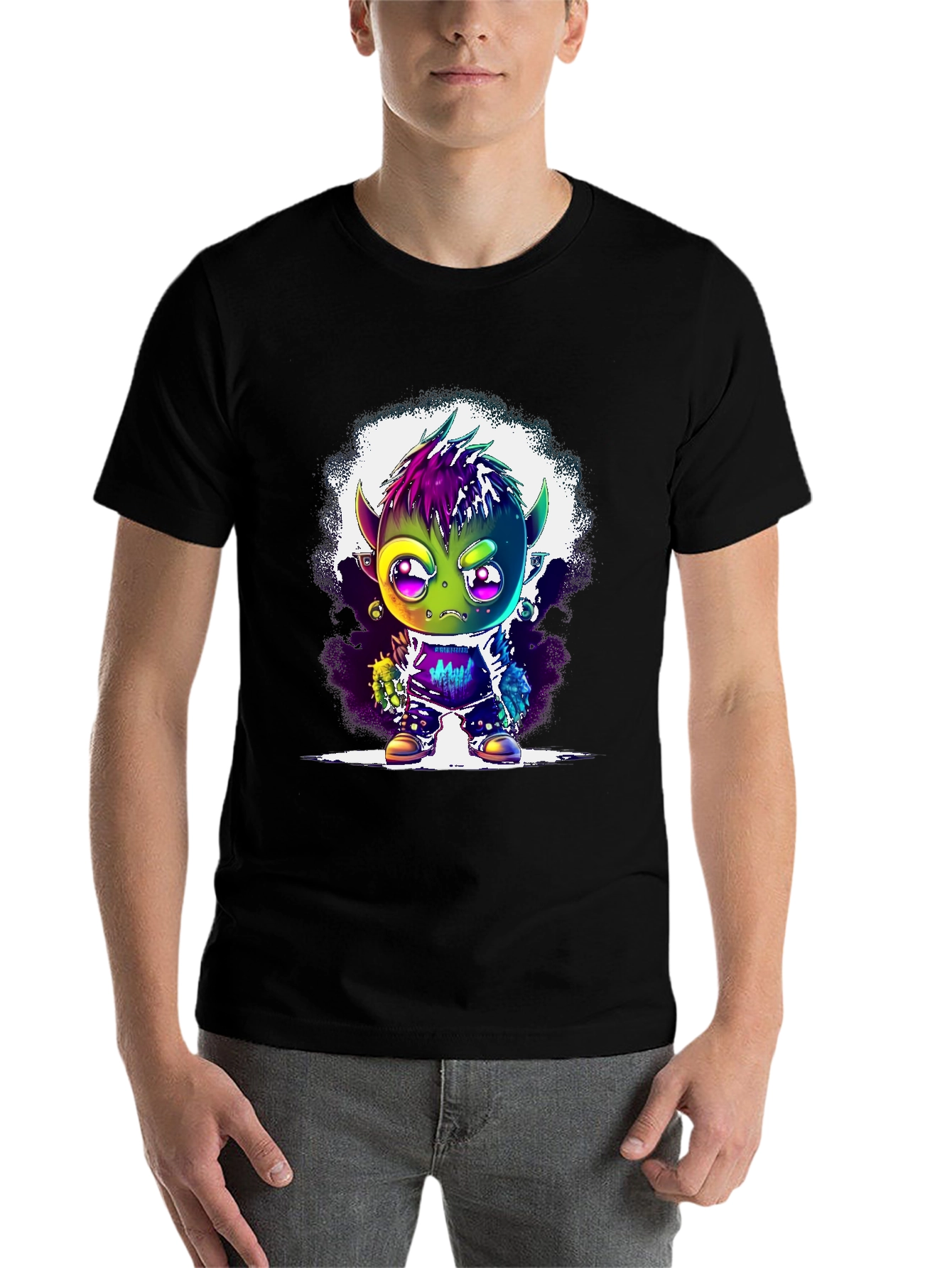Black Cartoon Monster Graphic Tee - Black Unisex T-Shirt view 7