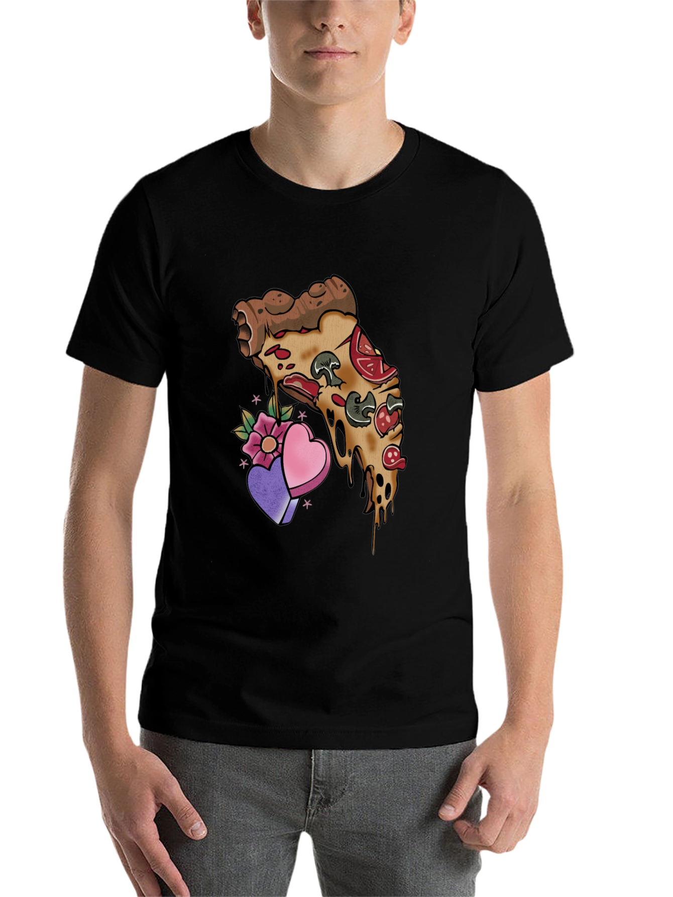 Black Pizza Love T-Shirt - Foodie Valentine's Tee view 7