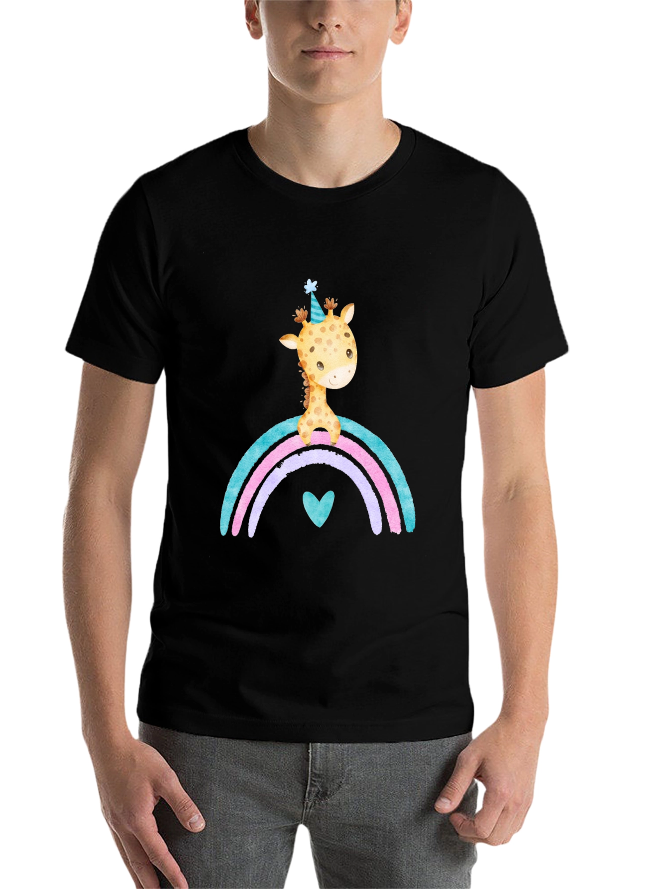 Black Giraffe Rainbow T-Shirt Cute Cartoon Graphic Tee view 7