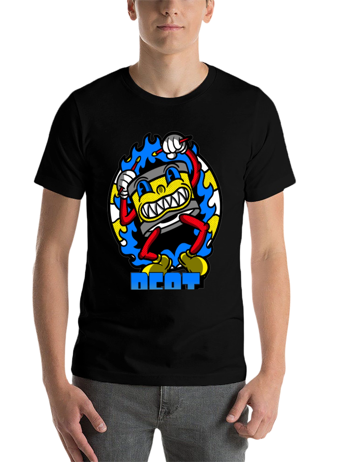 Black Retro Cartoon Drum Beat T-Shirt - Black Cotton view 7