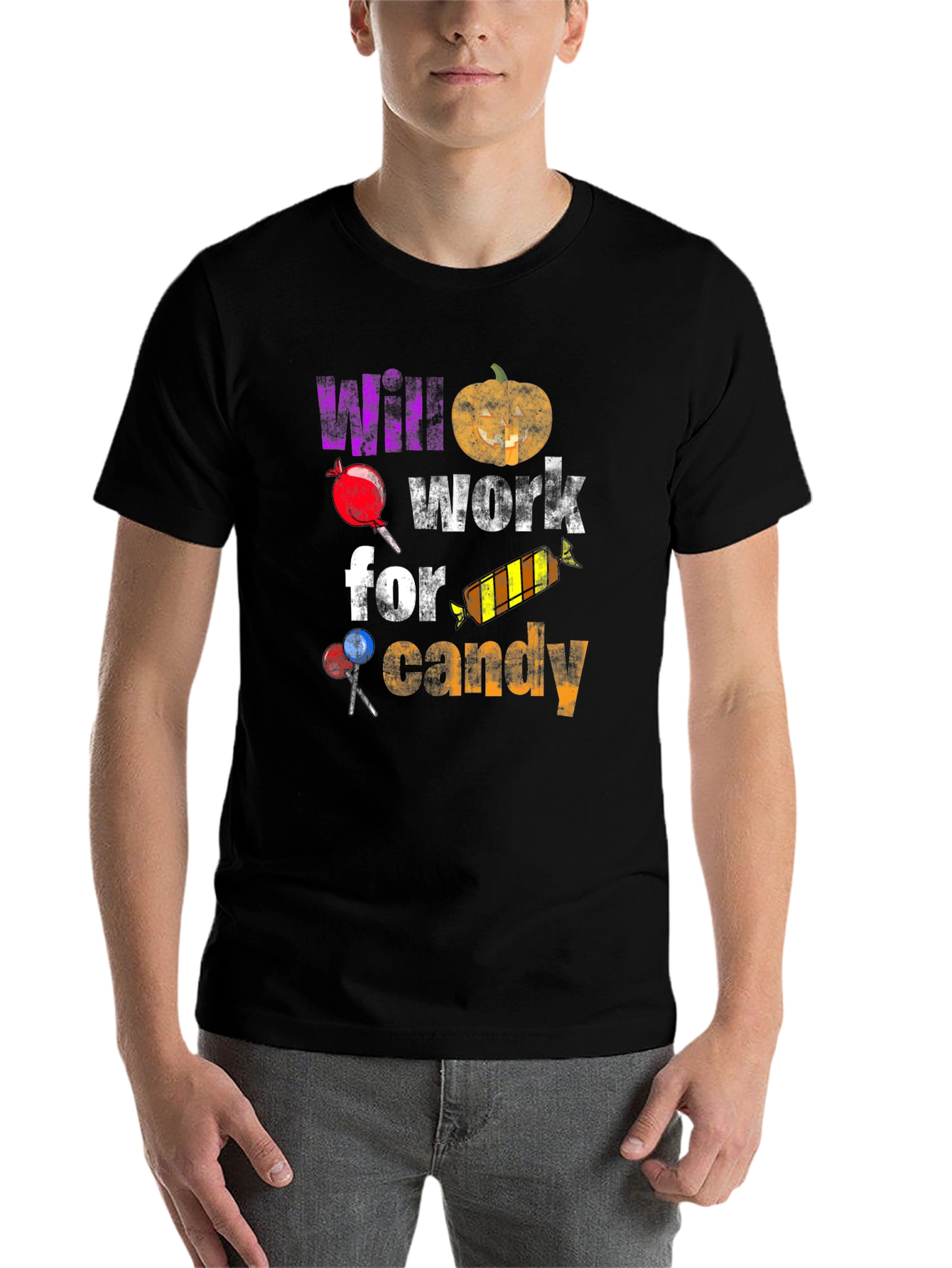 Black Halloween T-Shirt - Will Work For Candy view 7