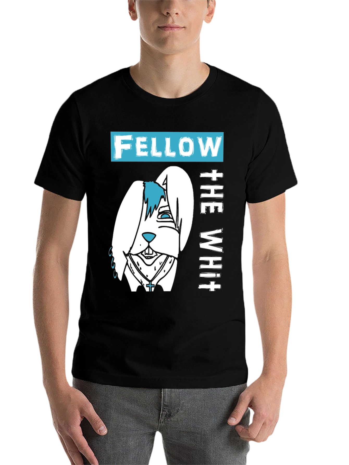 Black Fellow The White T-Shirt with Cartoon Bunny Design view 7